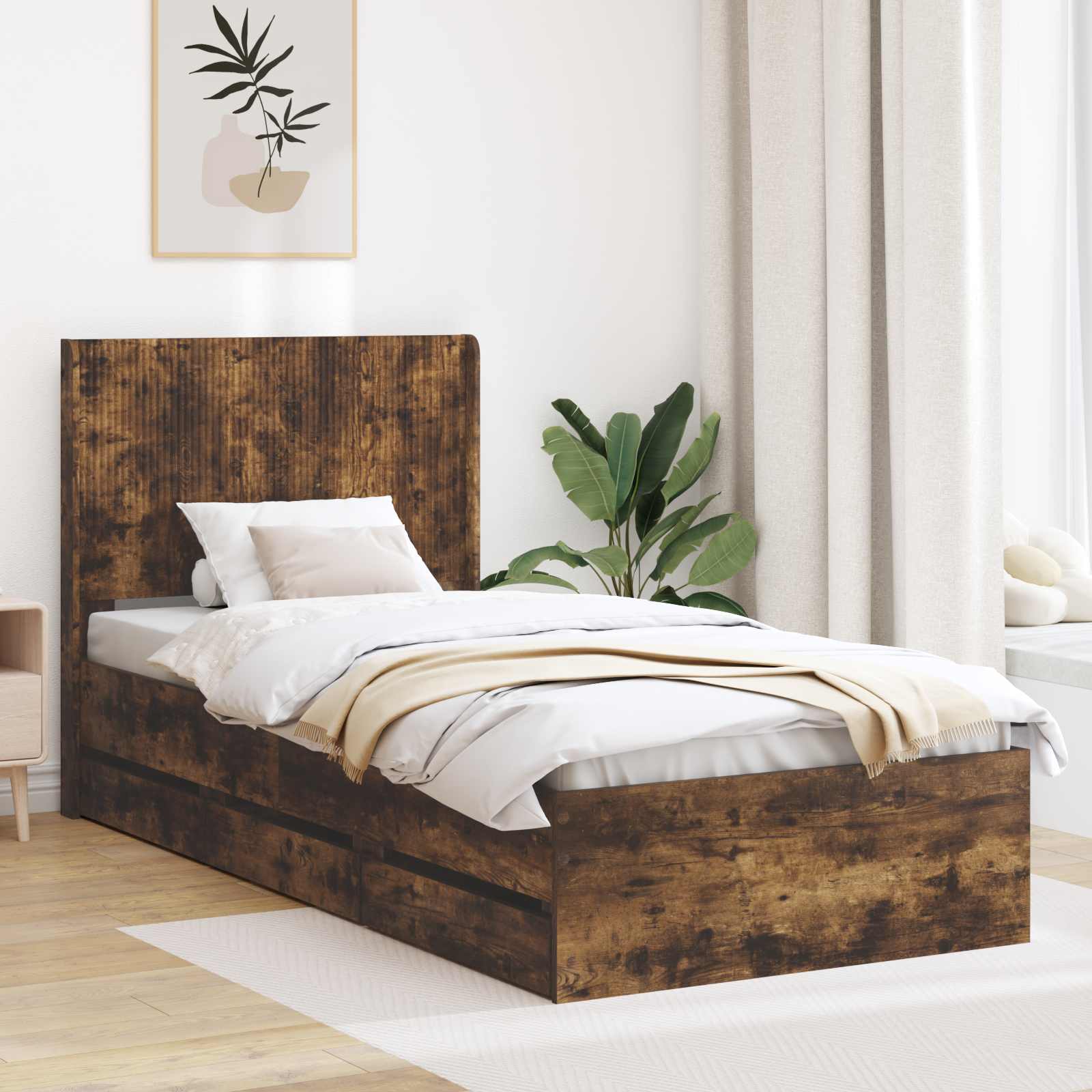 Bedframe met opbergruimte en hoofdbord met lade Gerookt eiken is nu te koop bij PeponiXL, paradijselijk wonen!