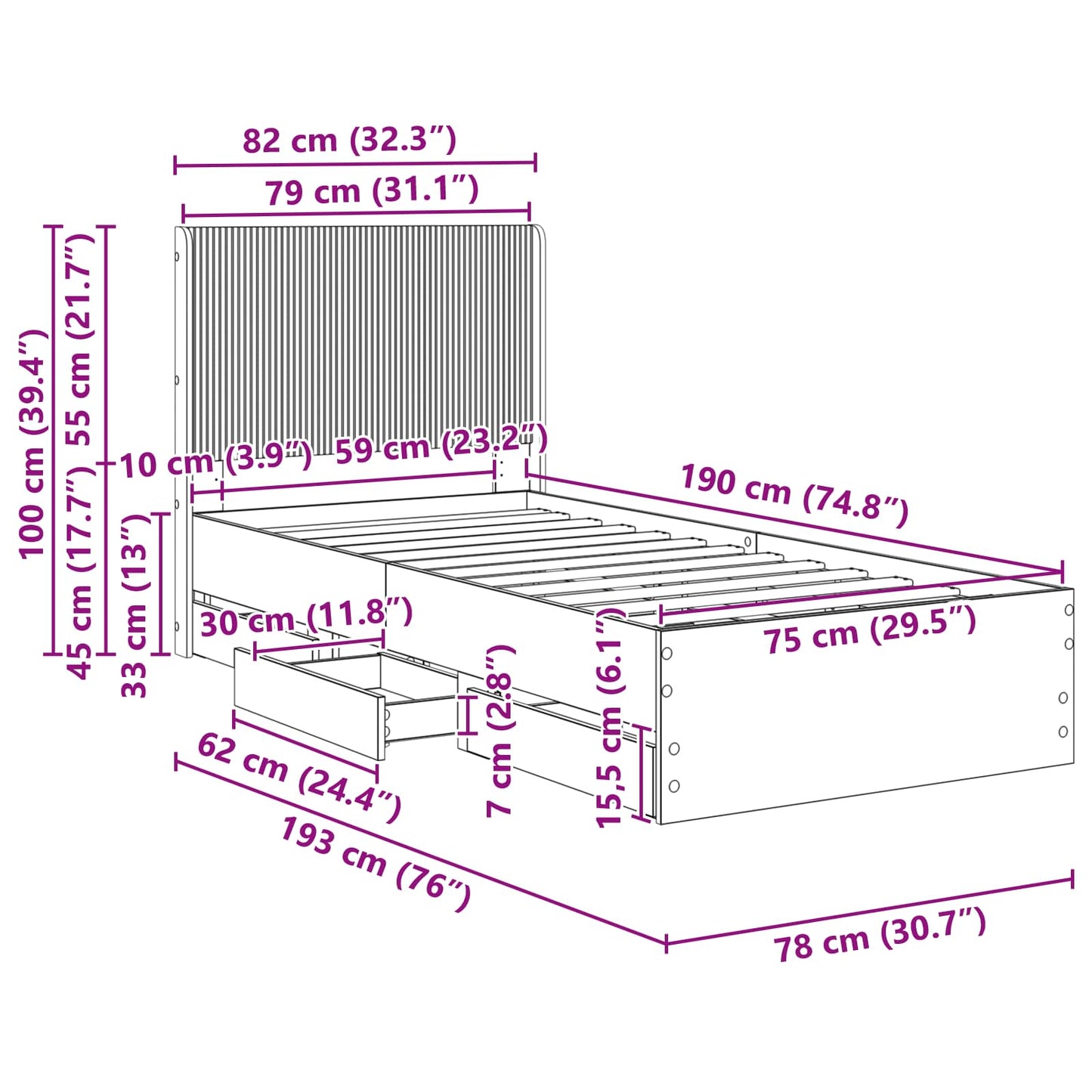 Bedframe met opbergruimte en hoofdbord Grijs sonoma 75 x 190 cm is nu te koop bij PeponiXL, paradijselijk wonen!