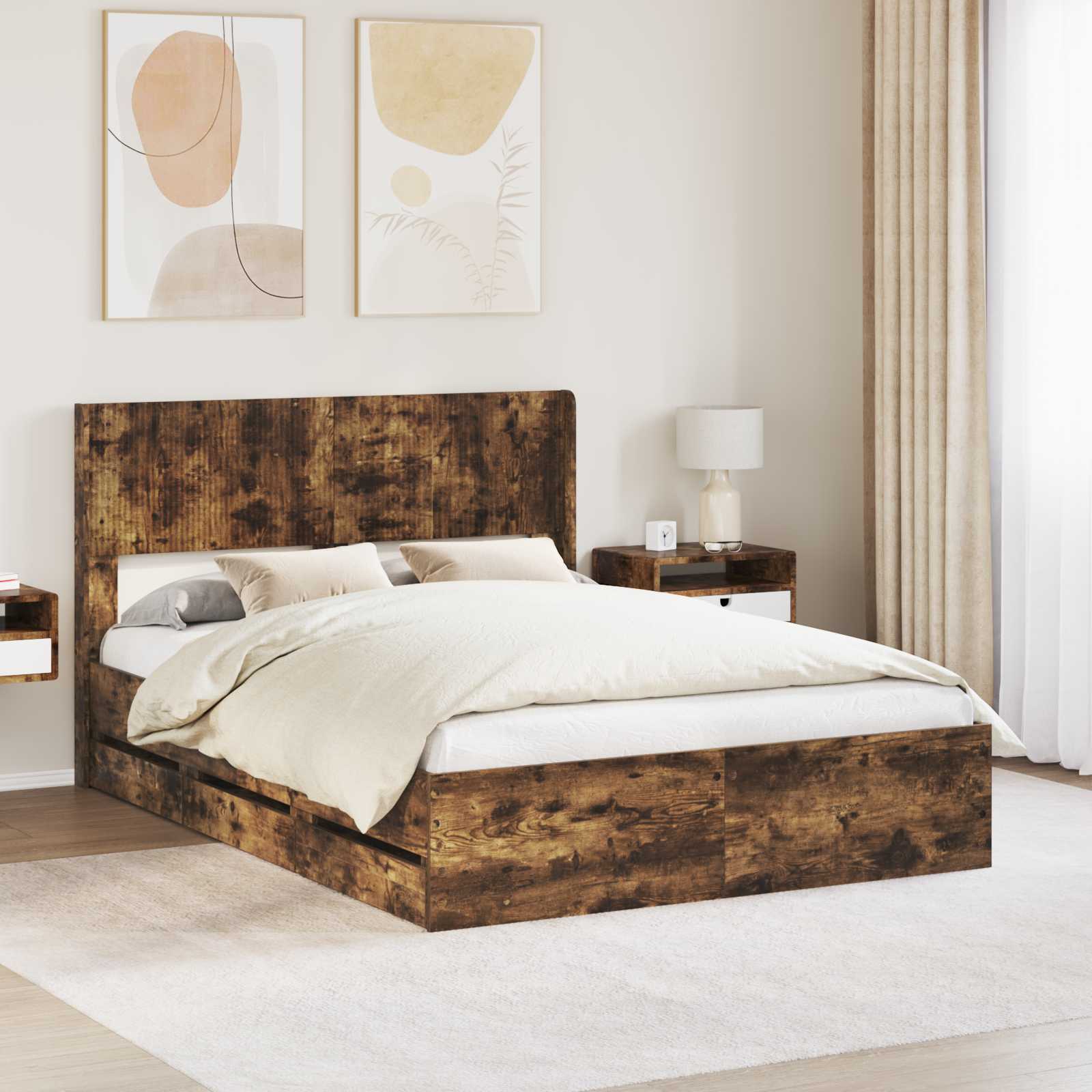 Bedframe met opbergruimte en hoofdbord met lade Gerookt eiken is nu te koop bij PeponiXL, paradijselijk wonen!