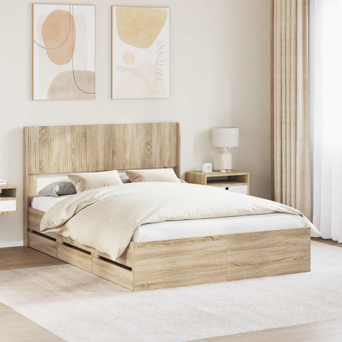 Bedframe met opbergruimte en hoofdbord met lade Sonoma Eiken is nu te koop bij PeponiXL, paradijselijk wonen!