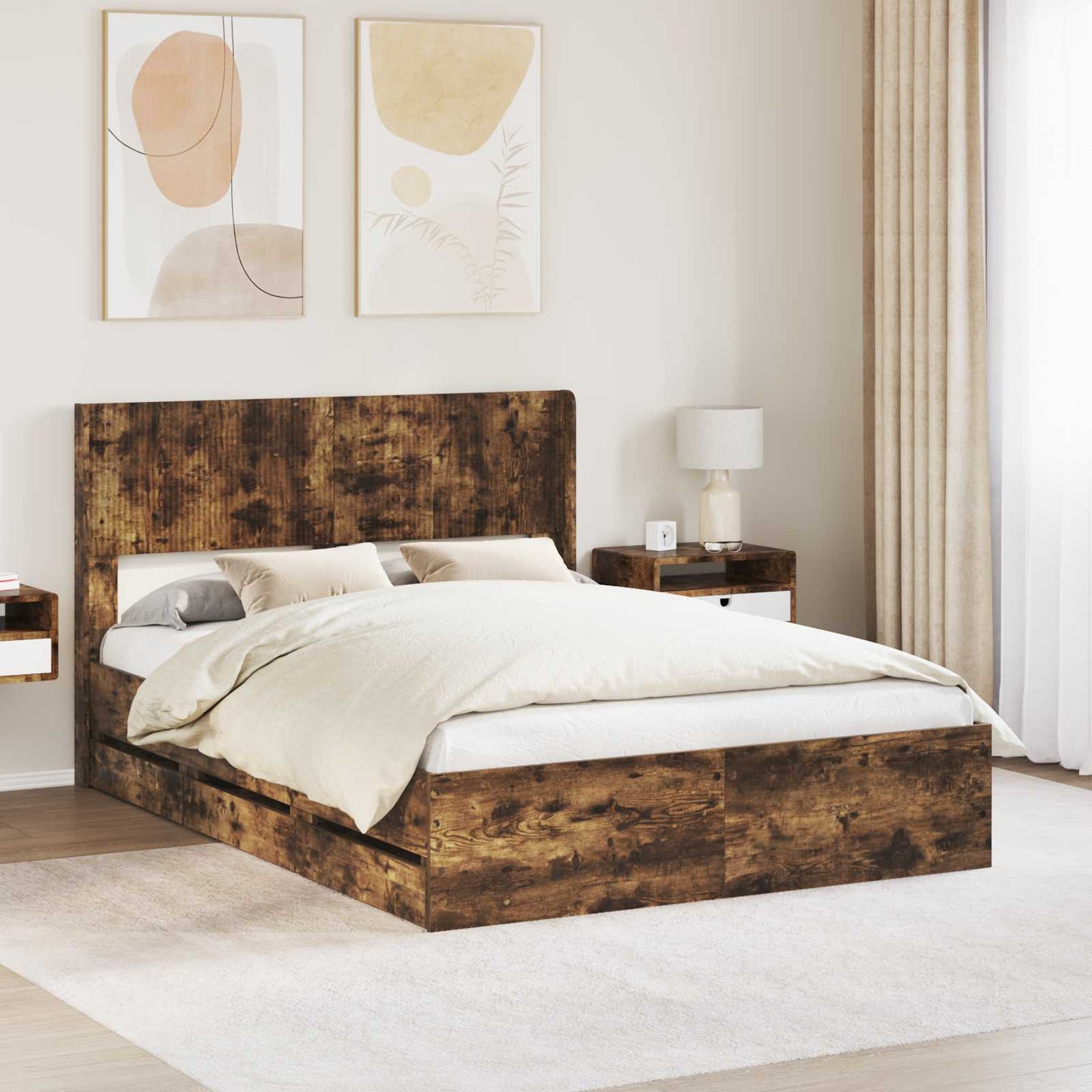 Bedframe met opbergruimte en hoofdbord met lade Gerookt eiken is nu te koop bij PeponiXL, paradijselijk wonen!