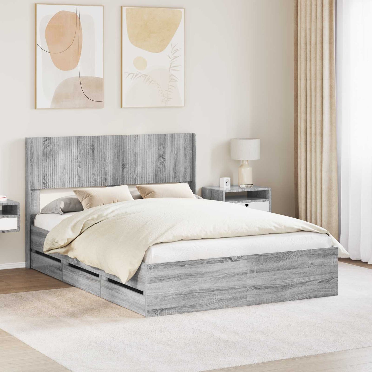 Bedframe met opbergruimte en hoofdbord met lade Grijs sonoma is nu te koop bij PeponiXL, paradijselijk wonen!