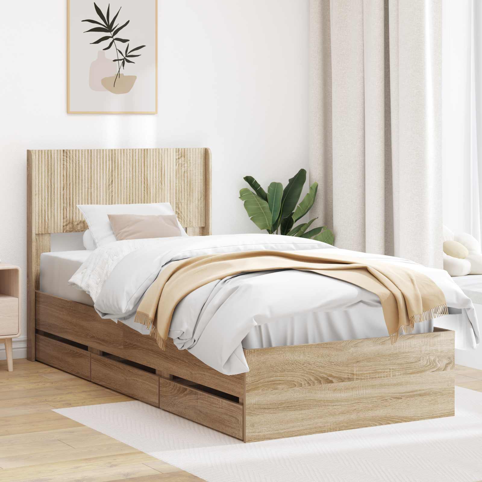 Bedframe met opbergruimte en hoofdbord met lade Sonoma Eiken is nu te koop bij PeponiXL, paradijselijk wonen!