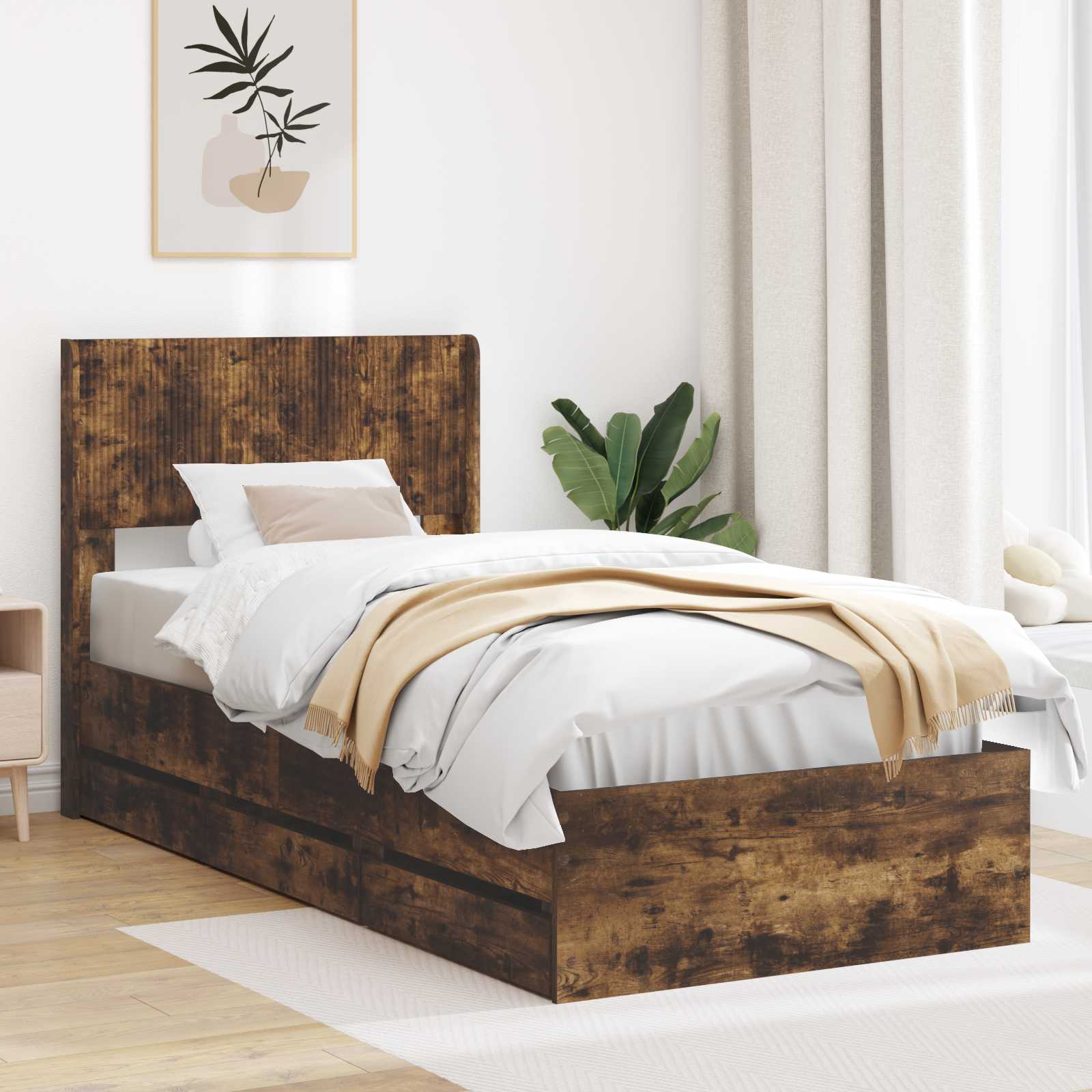 Bedframe met opbergruimte en hoofdbord met lade Gerookt eiken is nu te koop bij PeponiXL, paradijselijk wonen!