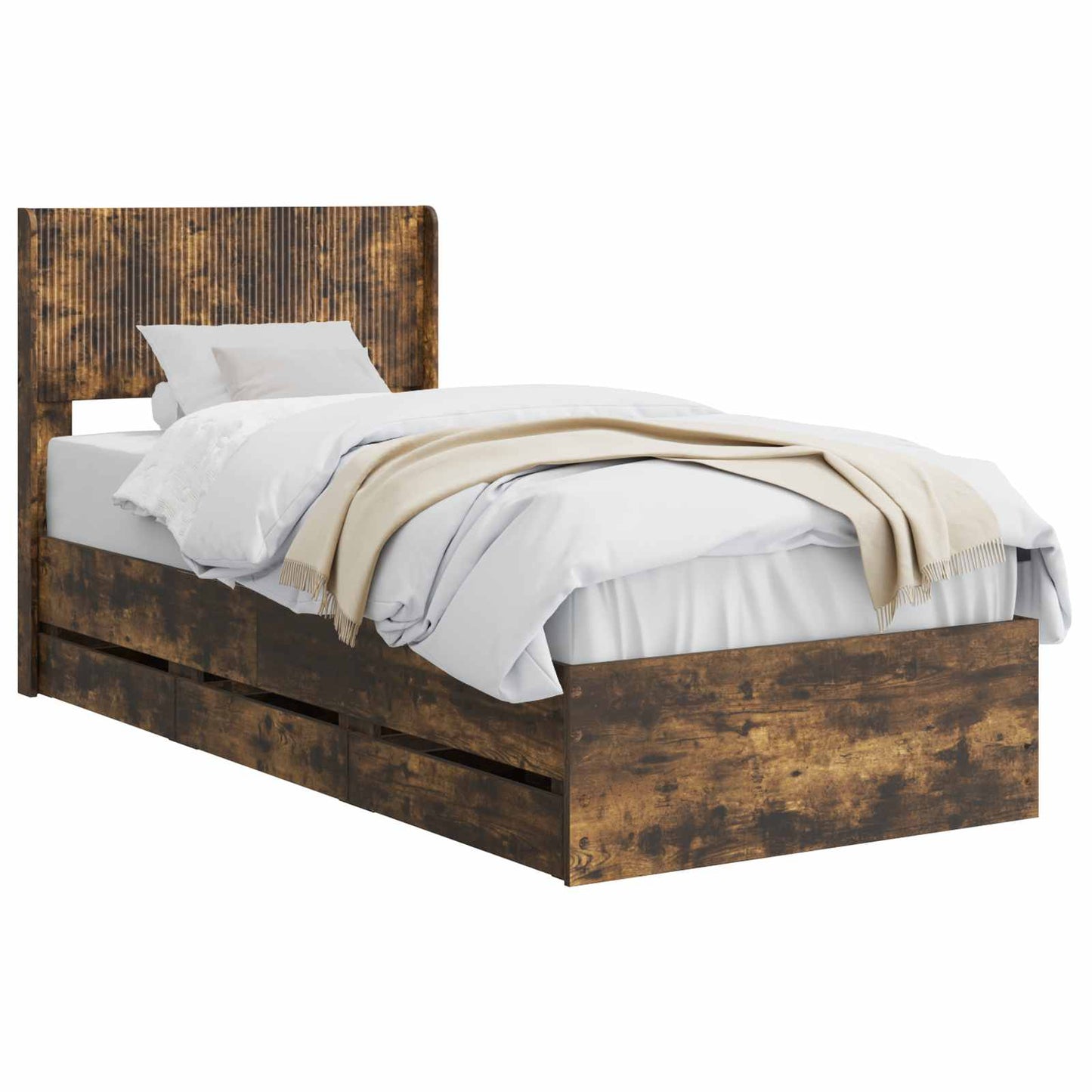 Bedframe met opbergruimte en hoofdbord met lade Gerookt eiken is nu te koop bij PeponiXL, paradijselijk wonen!
