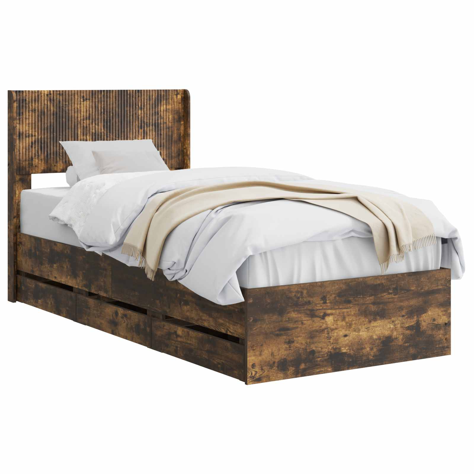 Bedframe met opbergruimte en hoofdbord met lade Gerookt eiken is nu te koop bij PeponiXL, paradijselijk wonen!