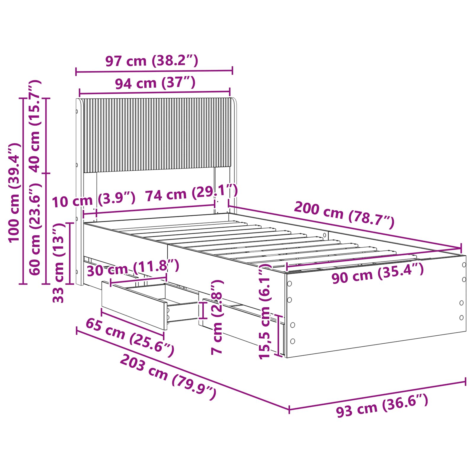 Bedframe met opbergruimte en hoofdbord met lade Wit 90 x 200 cm is nu te koop bij PeponiXL, paradijselijk wonen!