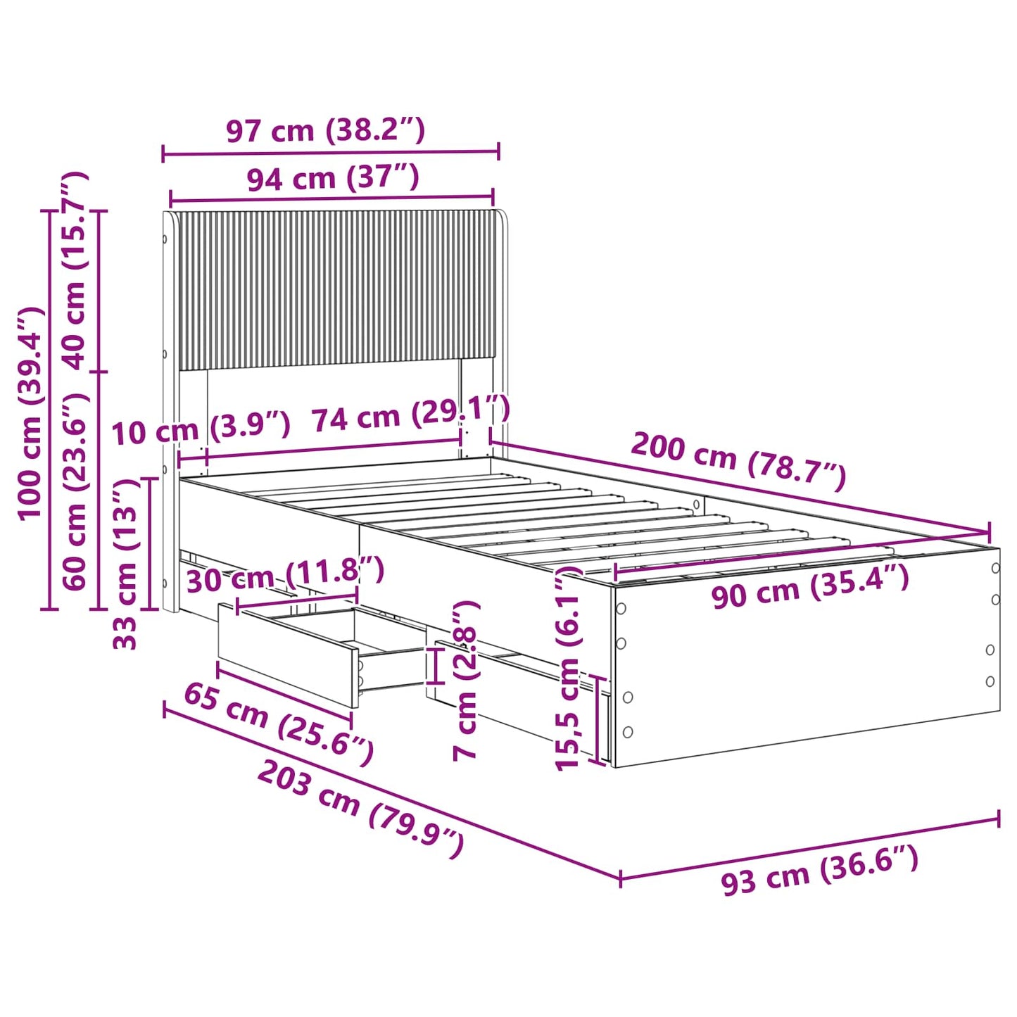 Bedframe met opbergruimte en hoofdbord Zwart 90 x 200 cm is nu te koop bij PeponiXL, paradijselijk wonen!