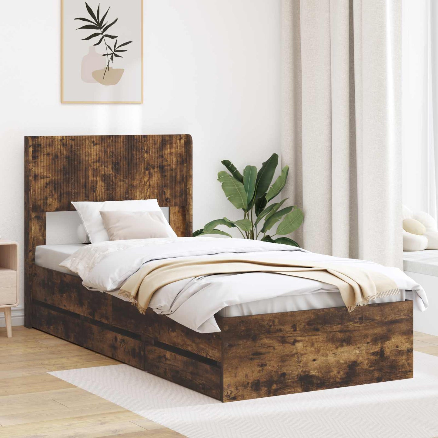 Bedframe met opbergruimte en hoofdbord met lade Gerookt eiken is nu te koop bij PeponiXL, paradijselijk wonen!