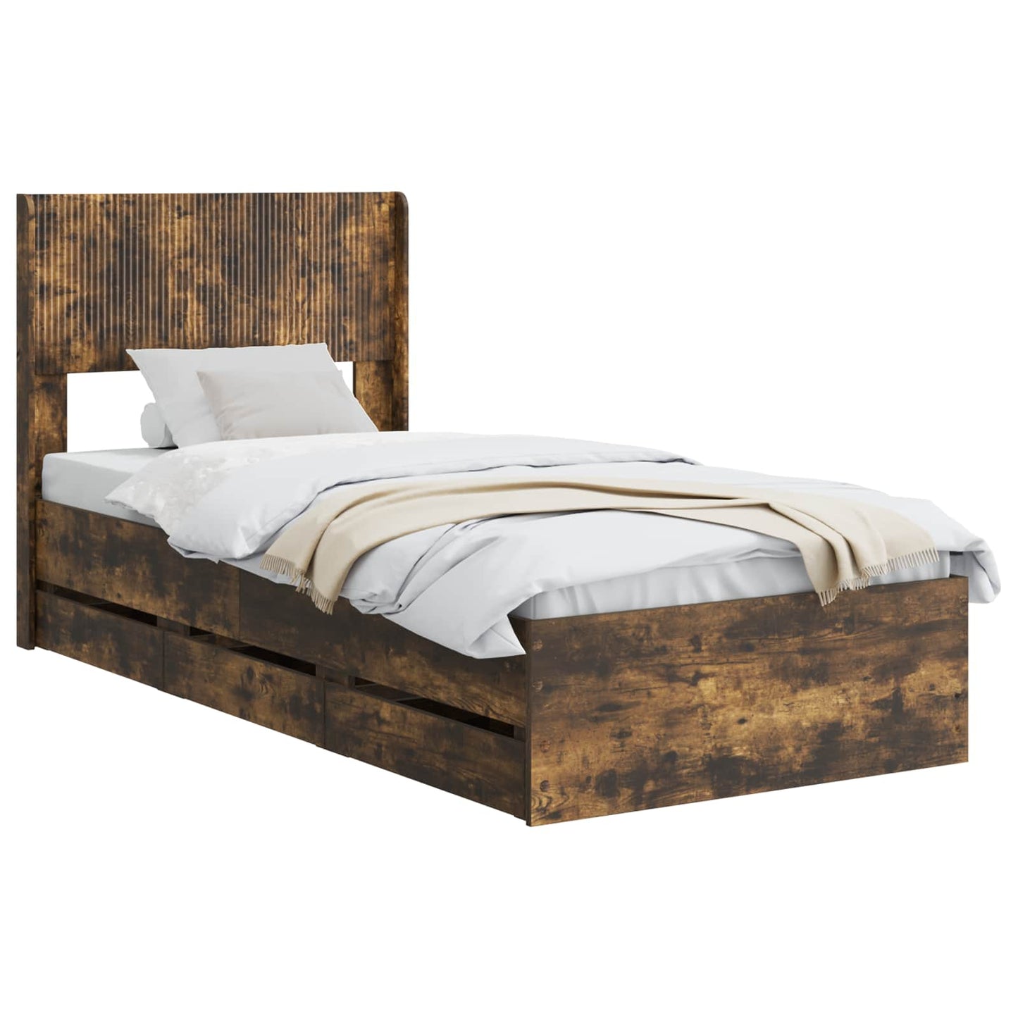 Bedframe met opbergruimte en hoofdbord met lade Gerookt eiken is nu te koop bij PeponiXL, paradijselijk wonen!