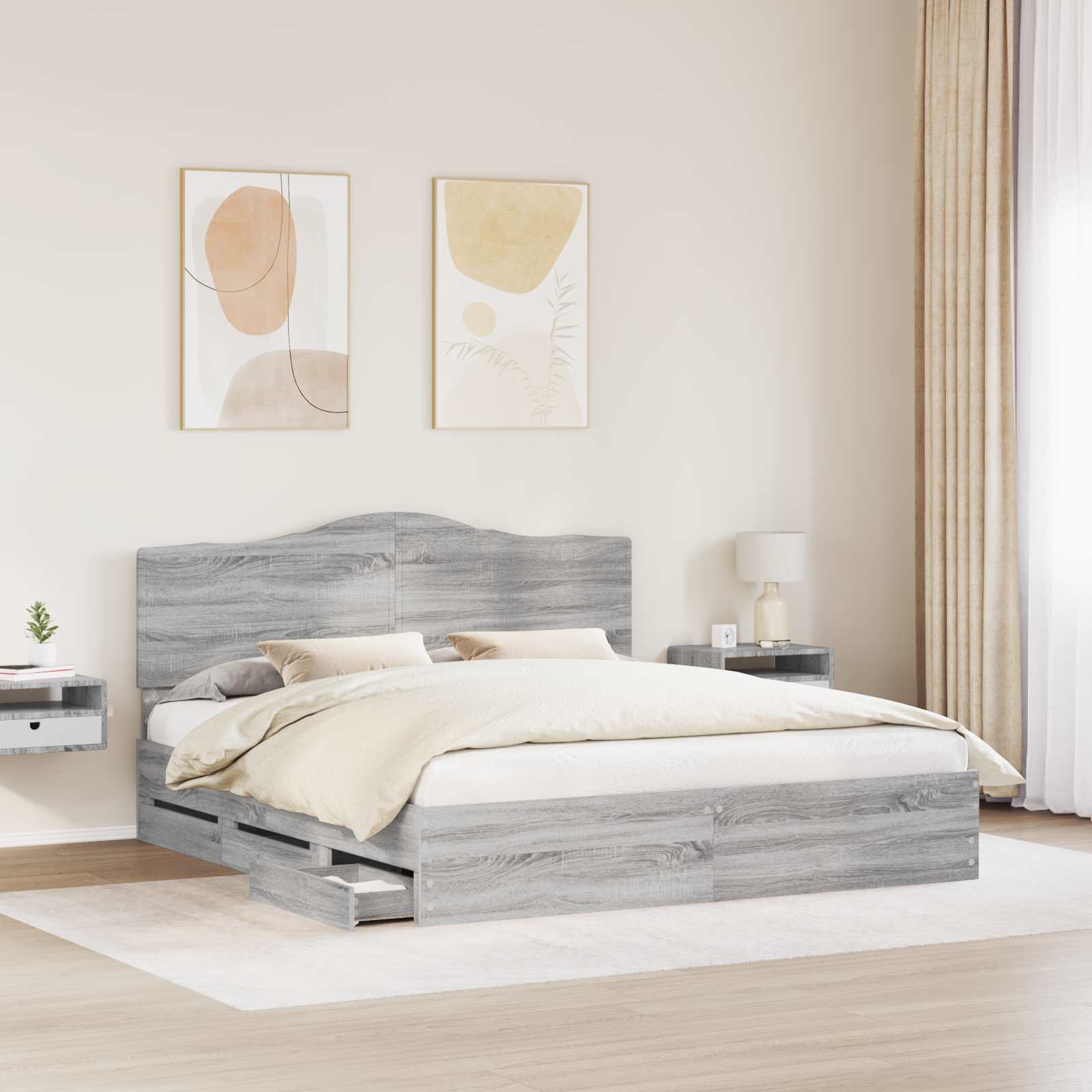 Bedframe met lade Grijs sonoma 200 x 200 cm Ingenieurshout is nu te koop bij PeponiXL, paradijselijk wonen!
