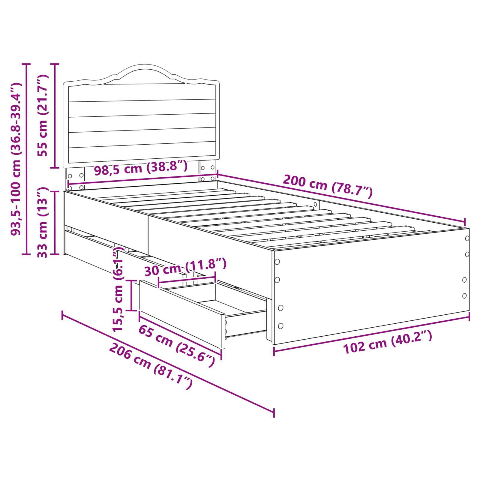 Bedframe met lade met opslag Zwart 100 x 200 cm Ingenieurshout is nu te koop bij PeponiXL, paradijselijk wonen!