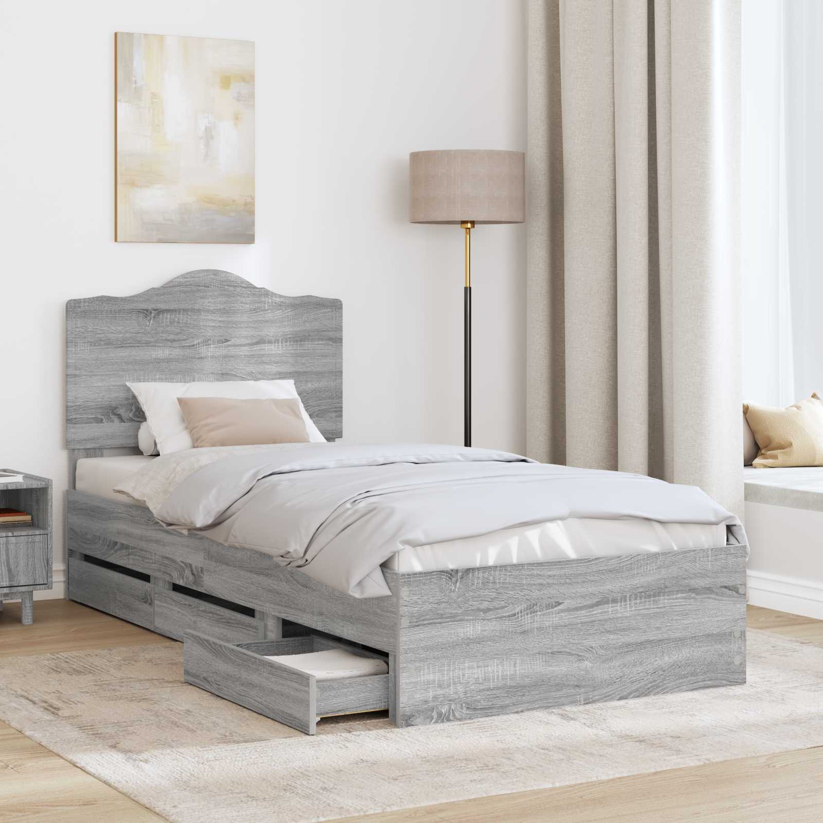 Bedframe met lade Grijze Sonoma 100 x 200 cm Ingenieurshout is nu te koop bij PeponiXL, paradijselijk wonen!