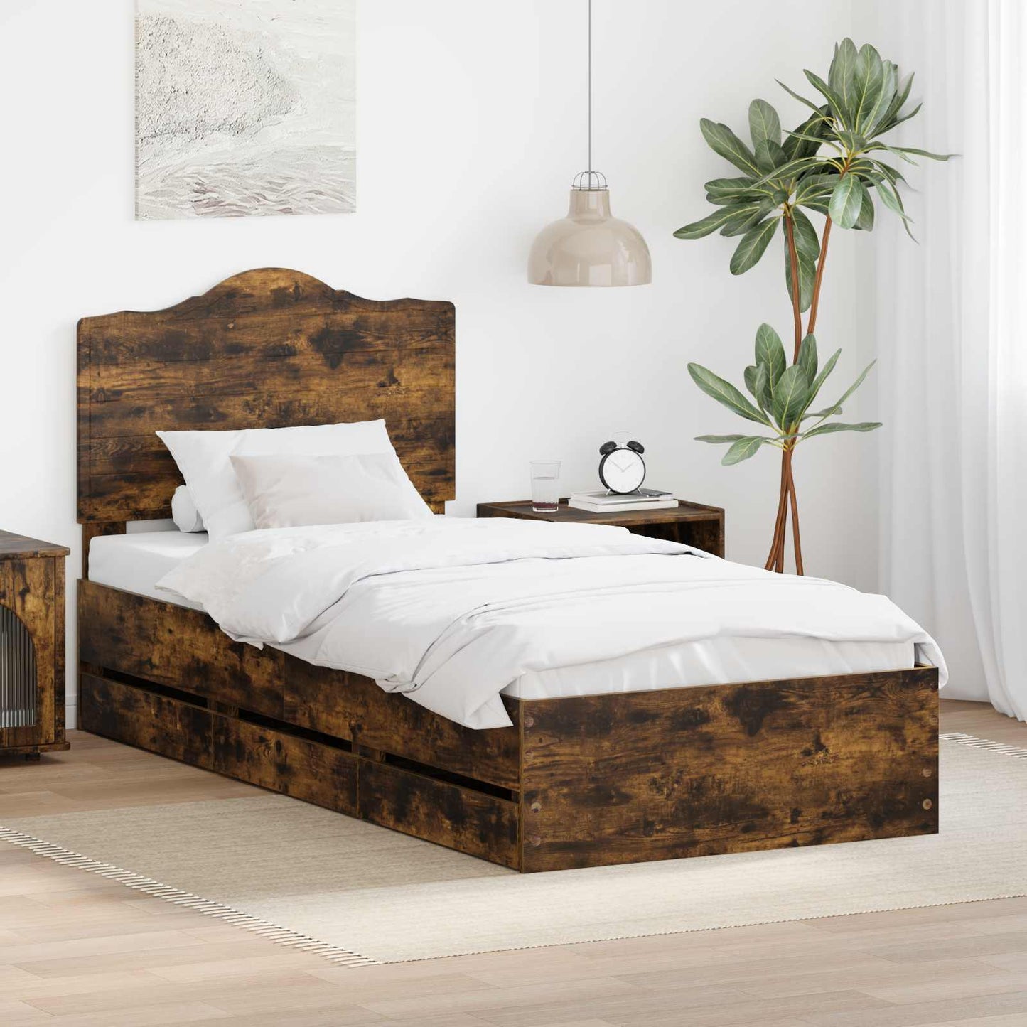 Bedframe met lade Gerookte Eik 90 x 190 cm Ingenieurshout is nu te koop bij PeponiXL, paradijselijk wonen!