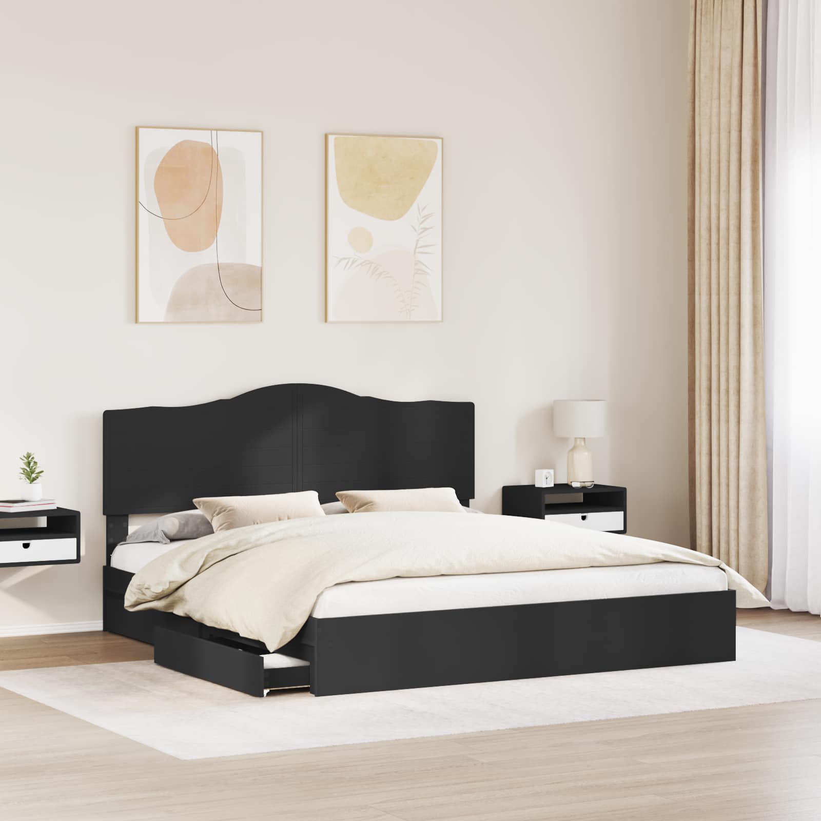 Opslag bed met hoofdeinde Zwart 200 x 200 cm Bewerkt hout is nu te koop bij PeponiXL, paradijselijk wonen!