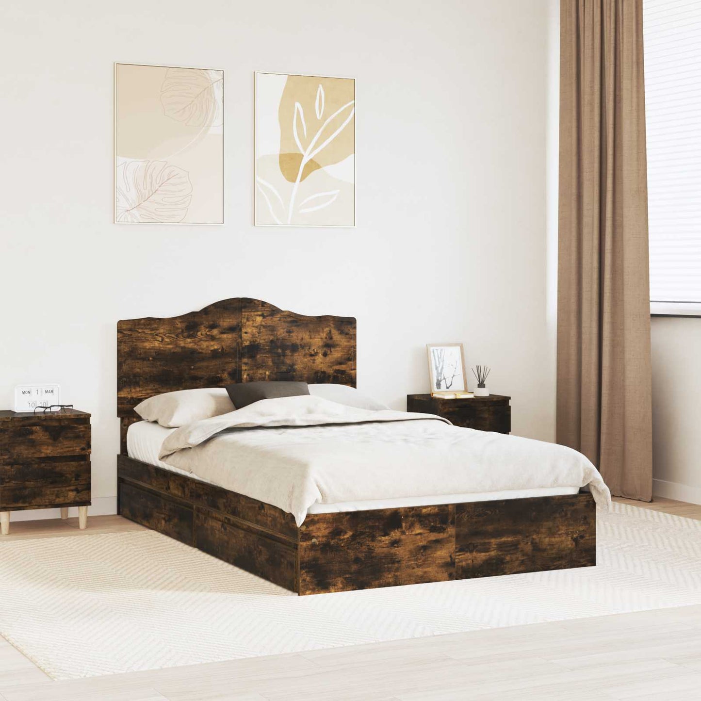 Opslag bed met lade Gerookt eiken 135 x 190 cm Bewerkt hout is nu te koop bij PeponiXL, paradijselijk wonen!