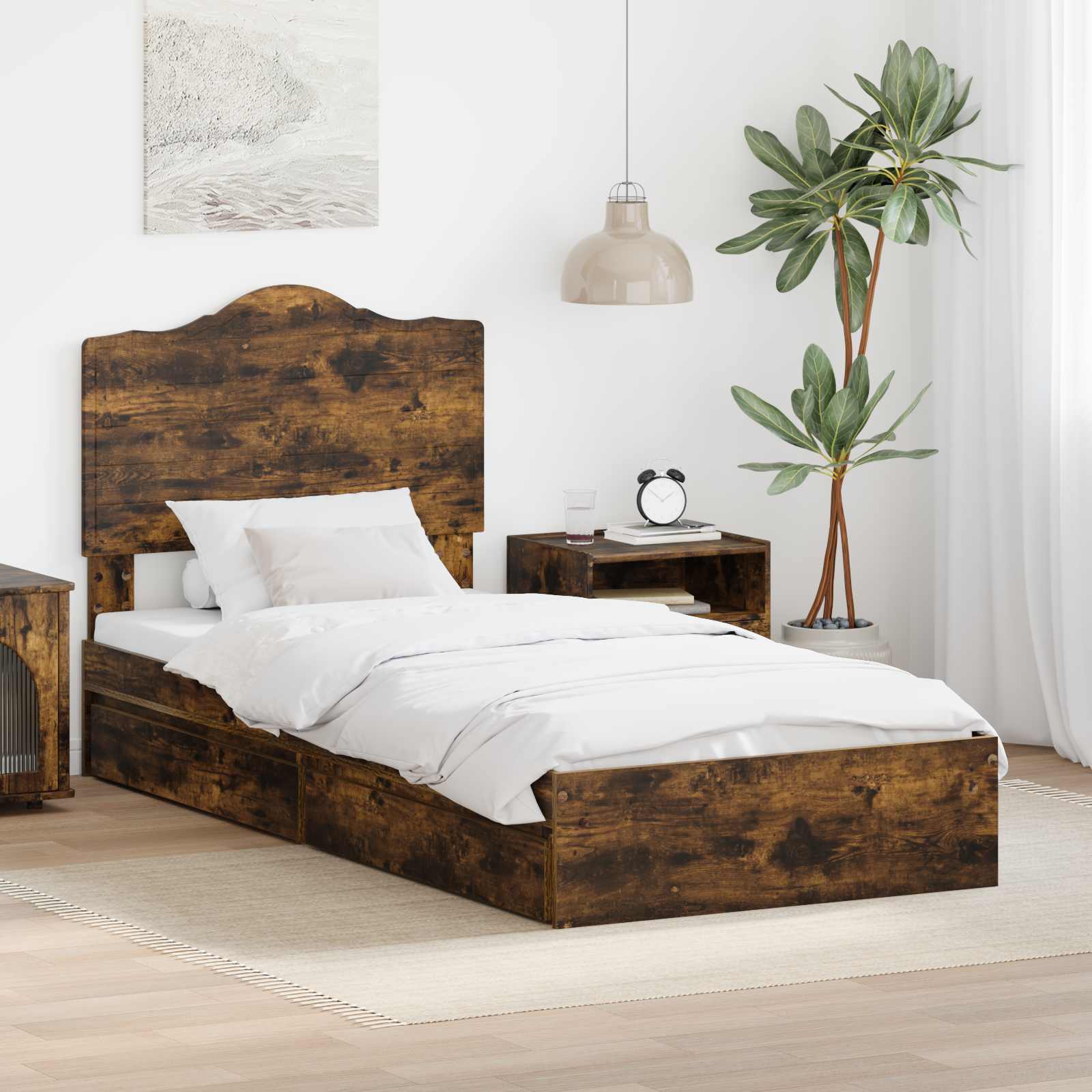 Opslag bed met lade Gerookt eiken 100 x 200 cm Bewerkt hout is nu te koop bij PeponiXL, paradijselijk wonen!