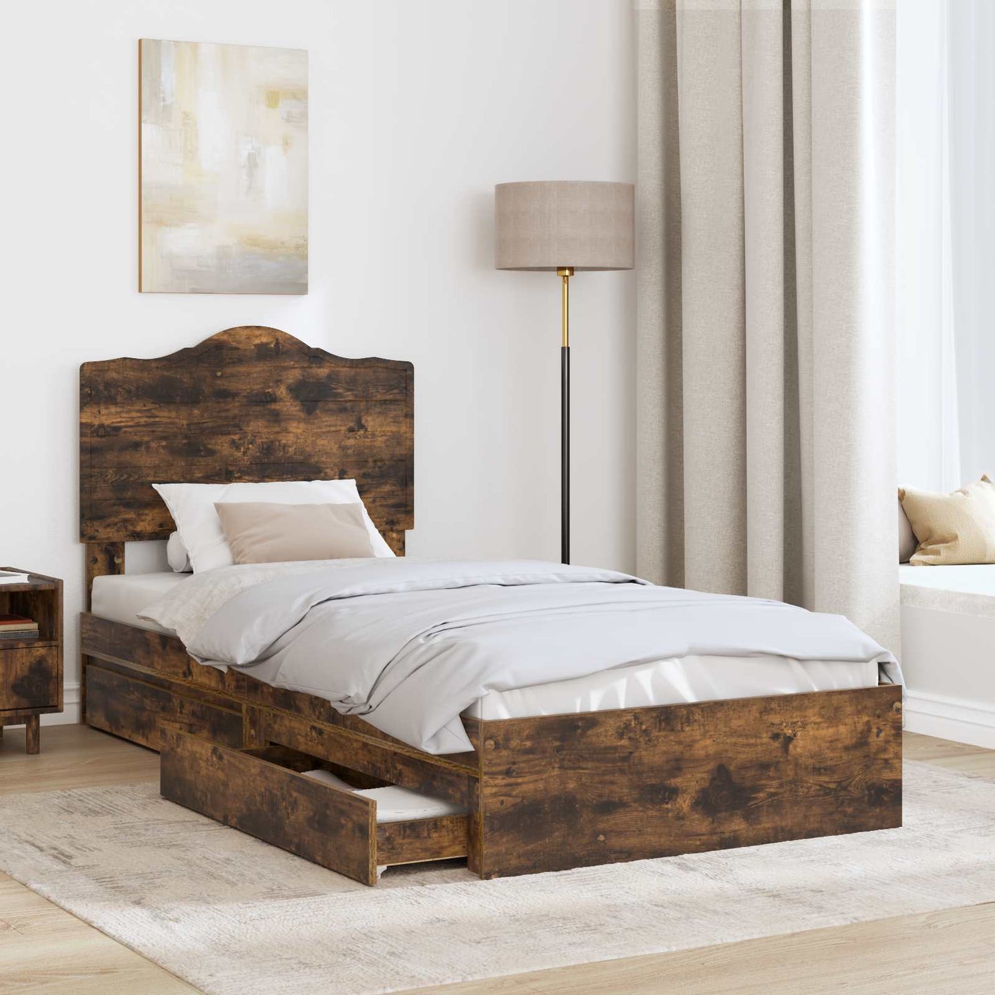 Opslag bed met lade Gerookt eiken 90 x 200 cm Bewerkt hout is nu te koop bij PeponiXL, paradijselijk wonen!