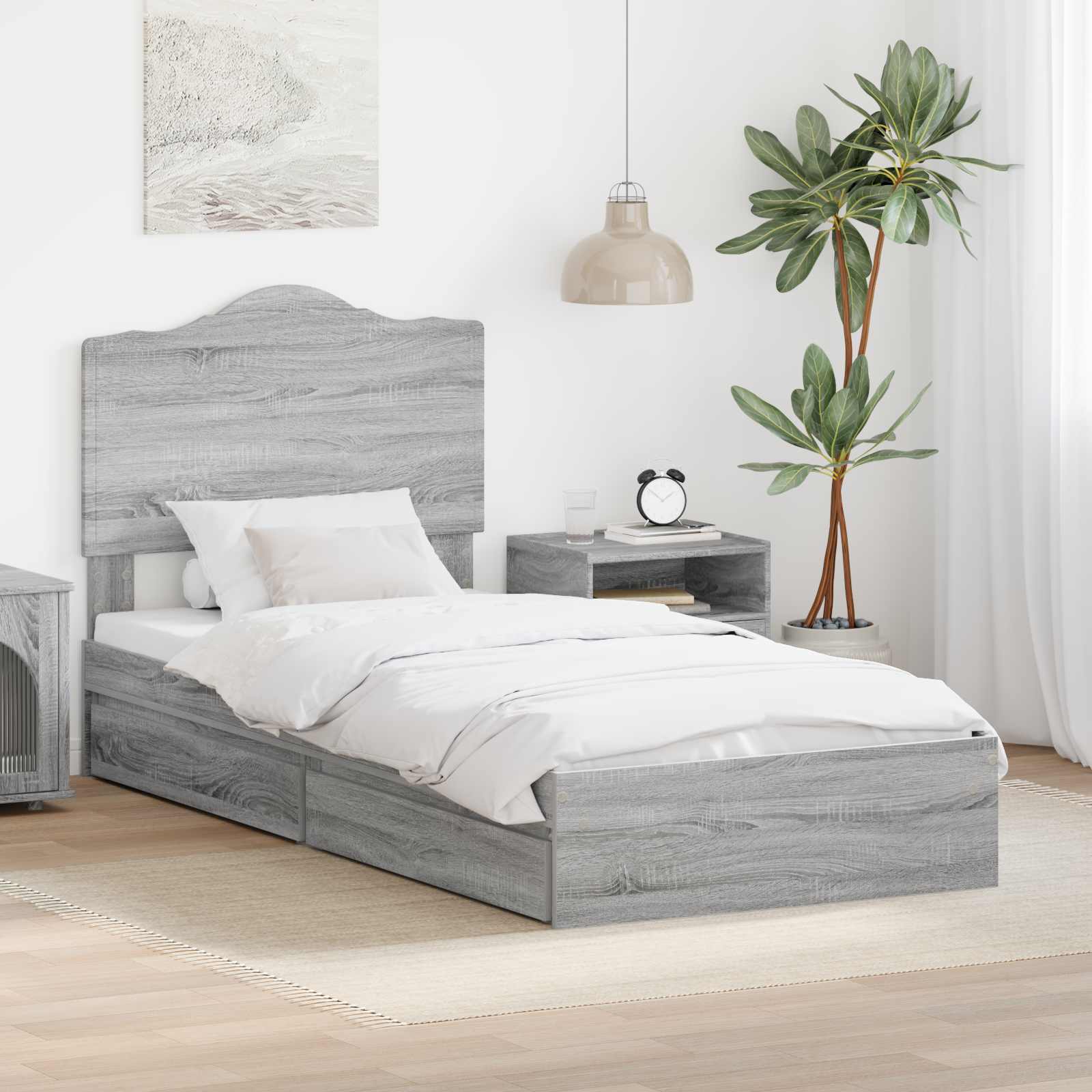 Opslag bed met hoofdeinde Grijs Sonoma 90 x 190 cm Bewerkt hout is nu te koop bij PeponiXL, paradijselijk wonen!