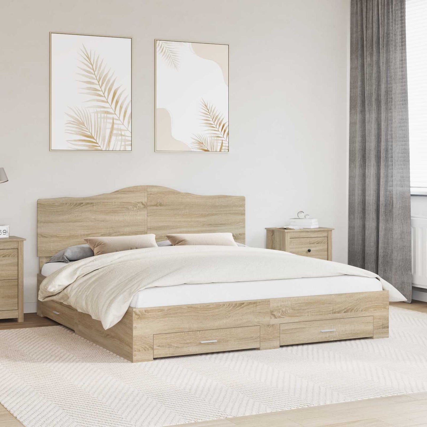 Bedframe met hoofdeinde Sonoma Eiken 200 x 200 cm Bewerkt hout is nu te koop bij PeponiXL, paradijselijk wonen!