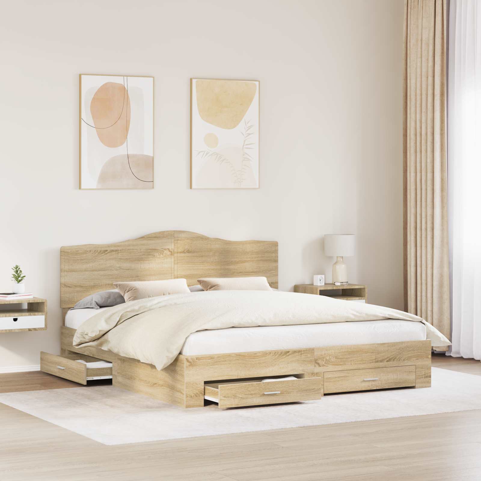 Bedframe met hoofdeinde Sonoma Eiken 200 x 200 cm Bewerkt hout is nu te koop bij PeponiXL, paradijselijk wonen!