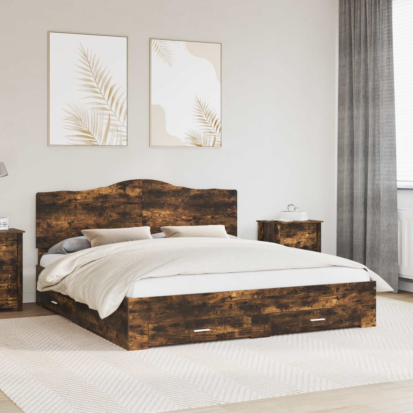 Bedframe met hoofdeinde Gerookt eiken 200 x 200 cm Bewerkt hout is nu te koop bij PeponiXL, paradijselijk wonen!