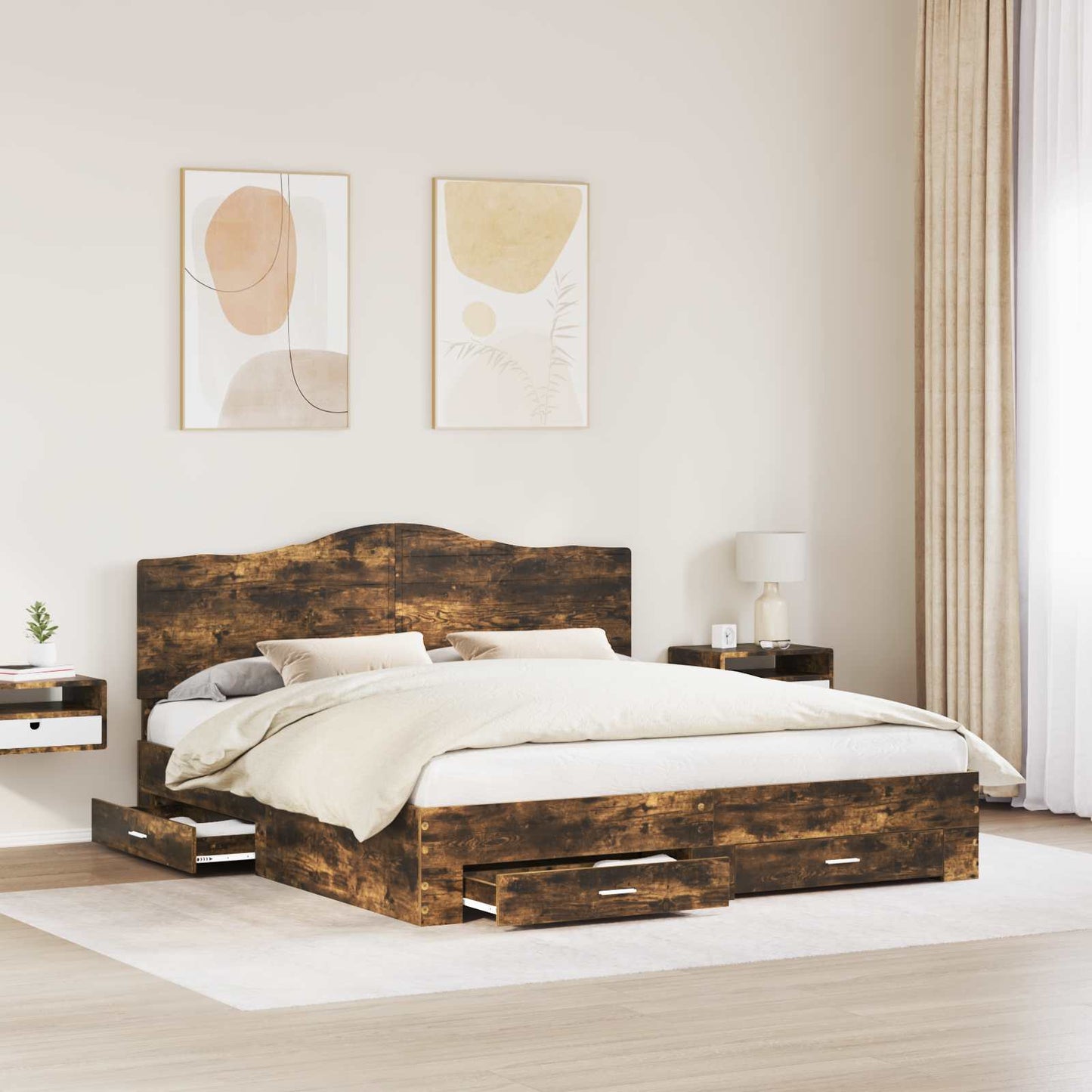 Bedframe met hoofdeinde Gerookt eiken 200 x 200 cm Bewerkt hout is nu te koop bij PeponiXL, paradijselijk wonen!