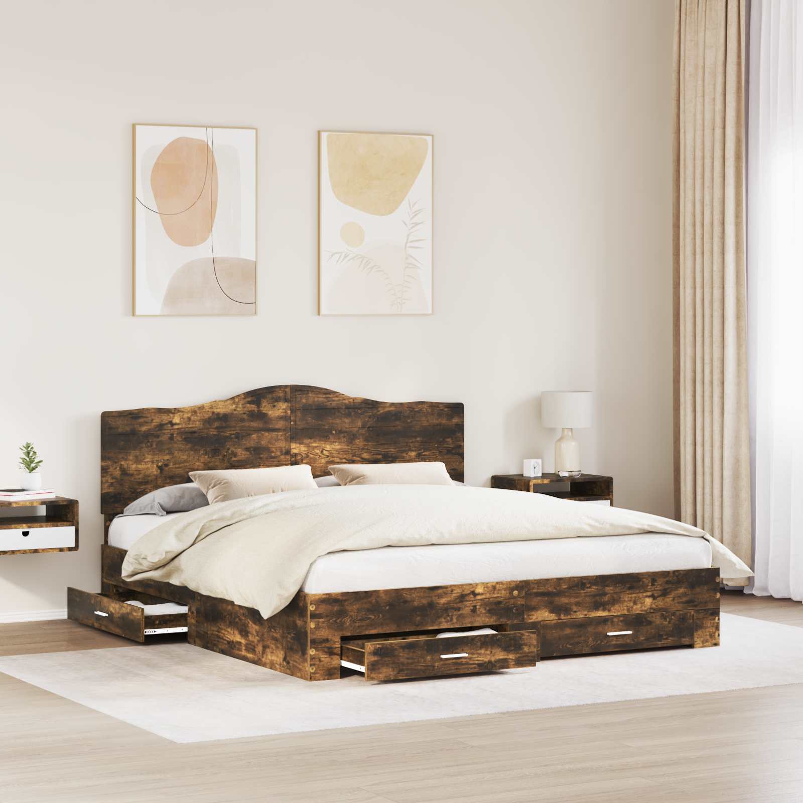 Bedframe met hoofdeinde Gerookt eiken 200 x 200 cm Bewerkt hout is nu te koop bij PeponiXL, paradijselijk wonen!