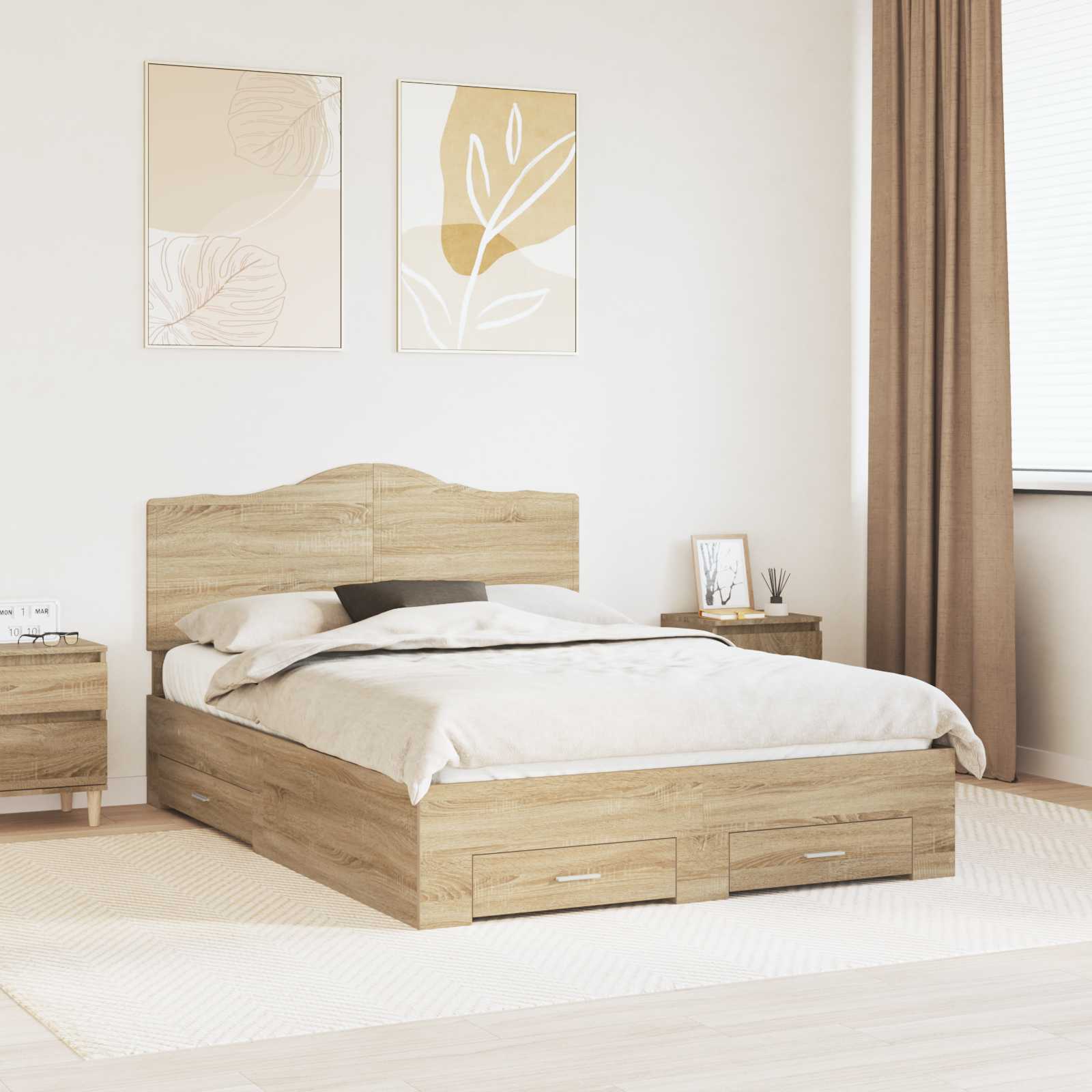 Bedframe met hoofdeinde Sonoma Eiken 150 x 200 cm Bewerkt hout is nu te koop bij PeponiXL, paradijselijk wonen!