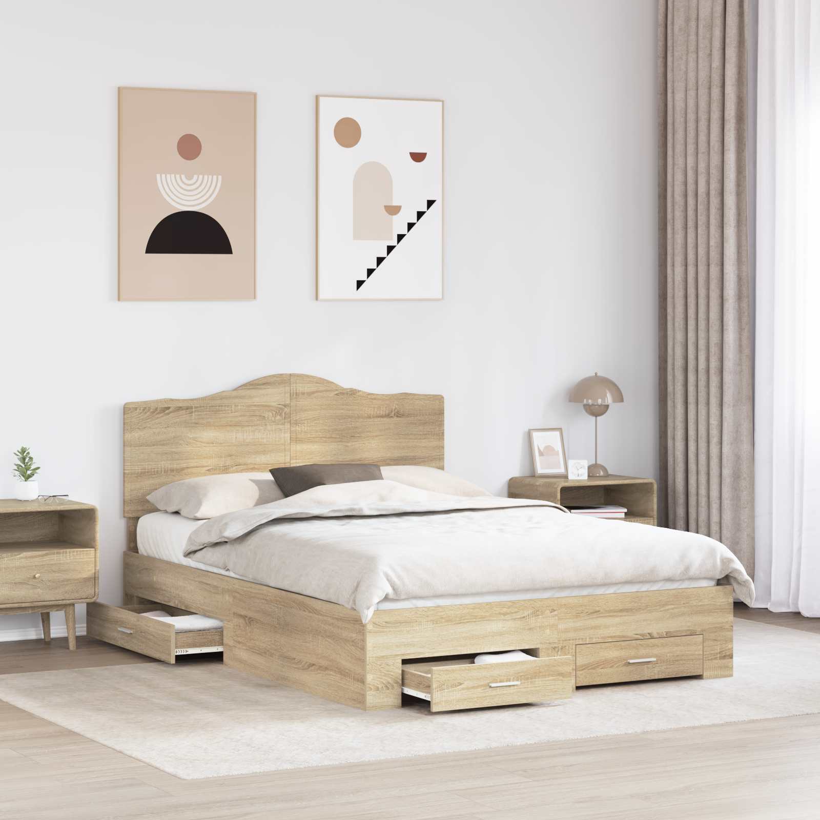 Bedframe met hoofdeinde Sonoma Eiken 150 x 200 cm Bewerkt hout is nu te koop bij PeponiXL, paradijselijk wonen!