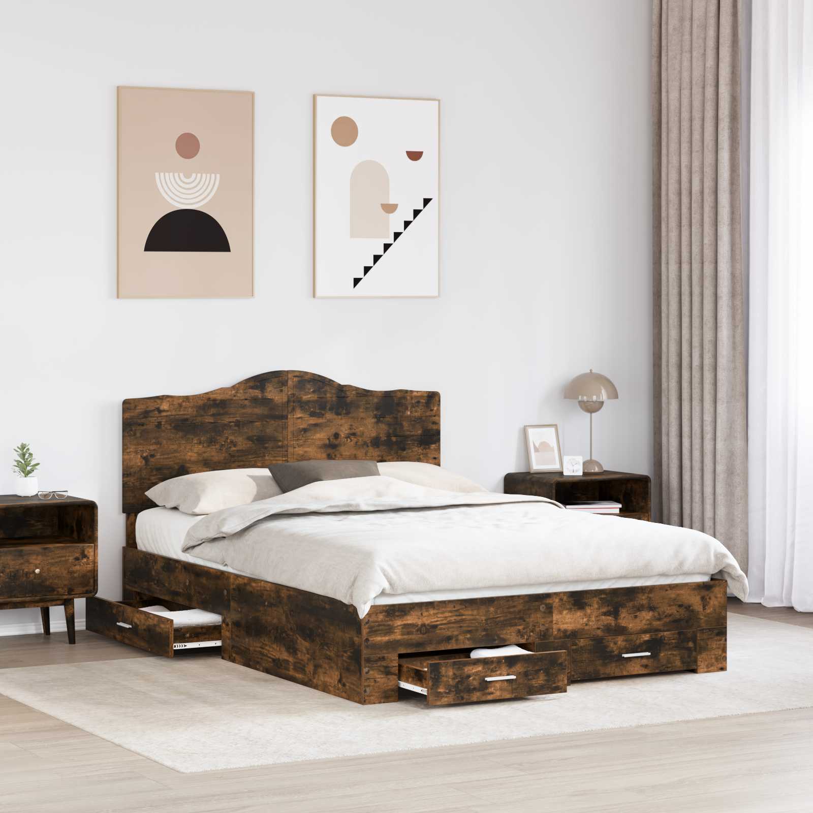 Bedframe met hoofdeinde Gerookt eiken 150 x 200 cm Bewerkt hout is nu te koop bij PeponiXL, paradijselijk wonen!