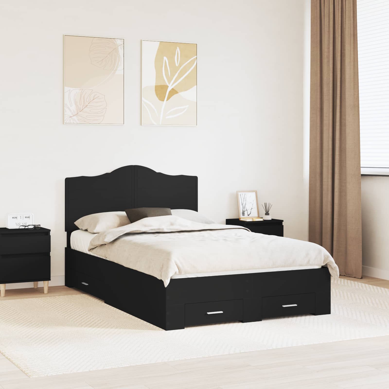 Bedframe met hoofdeinde Zwart 135 x 190 cm Bewerkt hout is nu te koop bij PeponiXL, paradijselijk wonen!