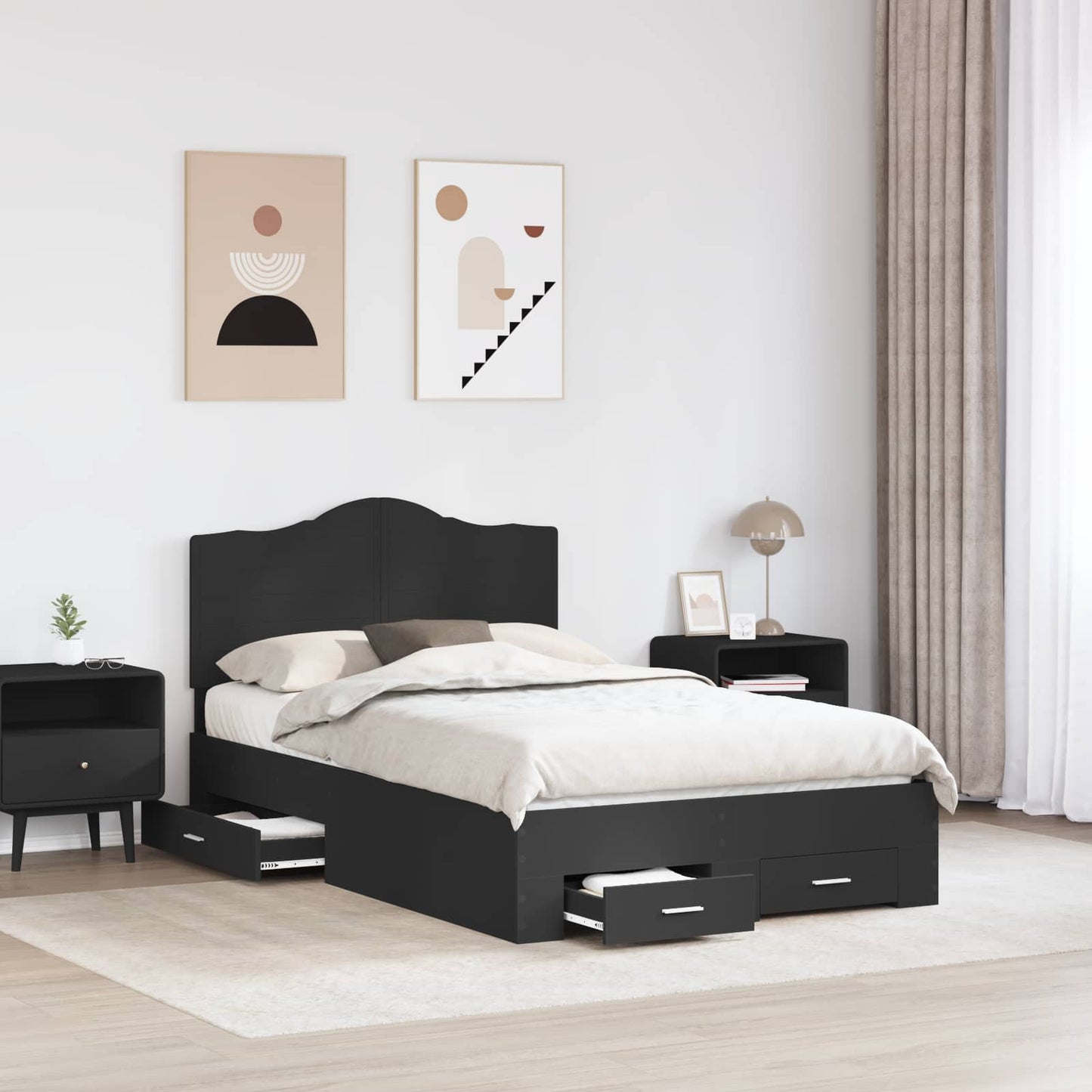 Bedframe met hoofdeinde Zwart 135 x 190 cm Bewerkt hout is nu te koop bij PeponiXL, paradijselijk wonen!