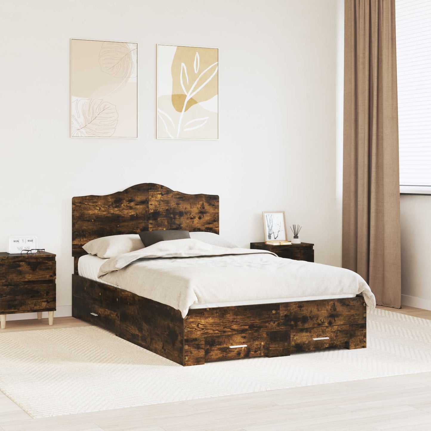 Bedframe met hoofdeinde Gerookt eiken 135 x 190 cm Bewerkt hout is nu te koop bij PeponiXL, paradijselijk wonen!