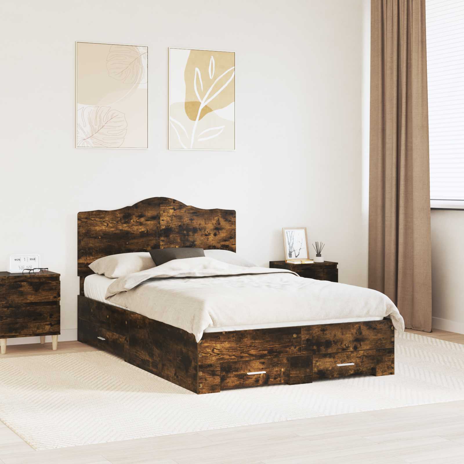 Bedframe met hoofdeinde Gerookt eiken 120 x 190 cm Bewerkt hout is nu te koop bij PeponiXL, paradijselijk wonen!