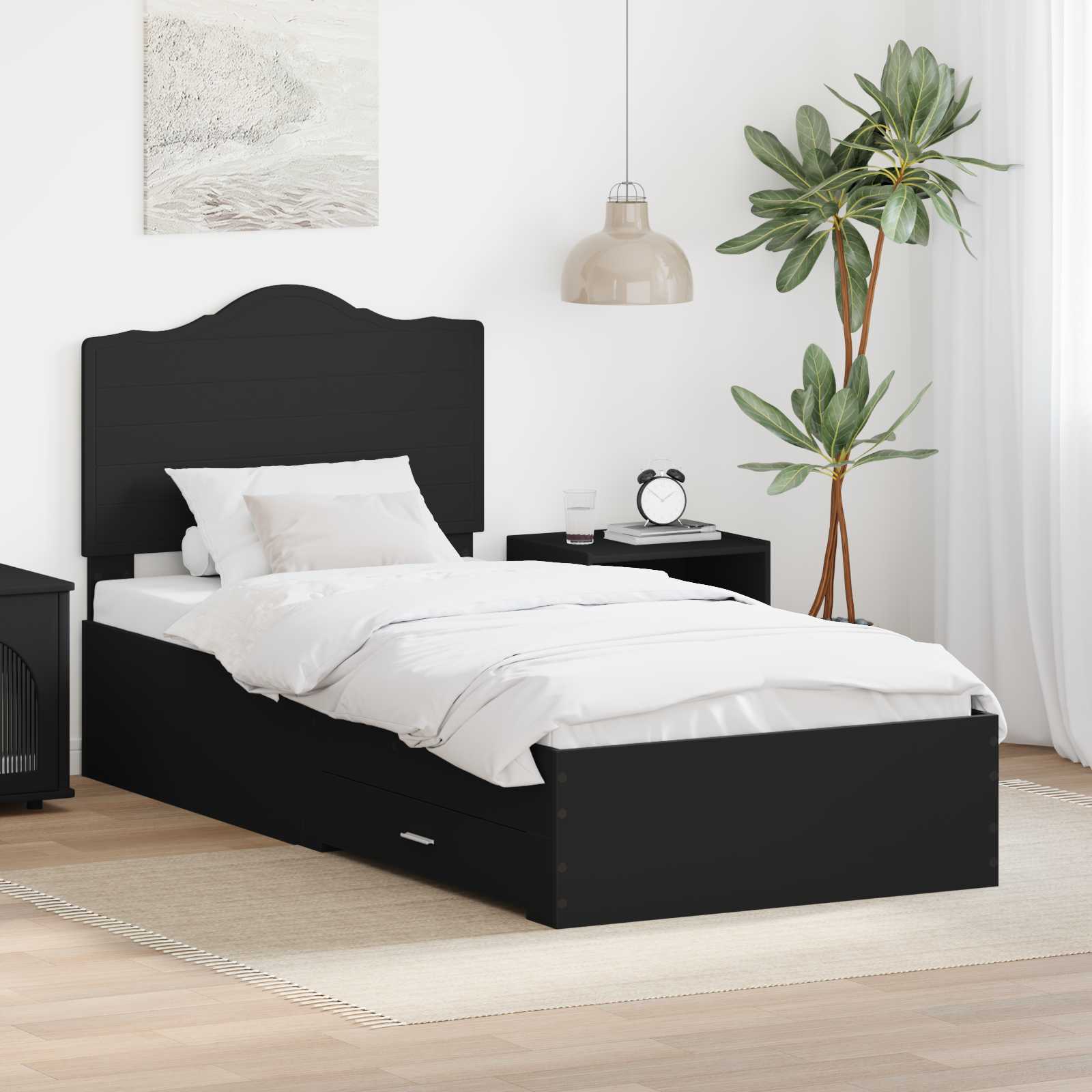 Bedframe met hoofdeinde Zwart 100 x 200 cm Bewerkt hout is nu te koop bij PeponiXL, paradijselijk wonen!
