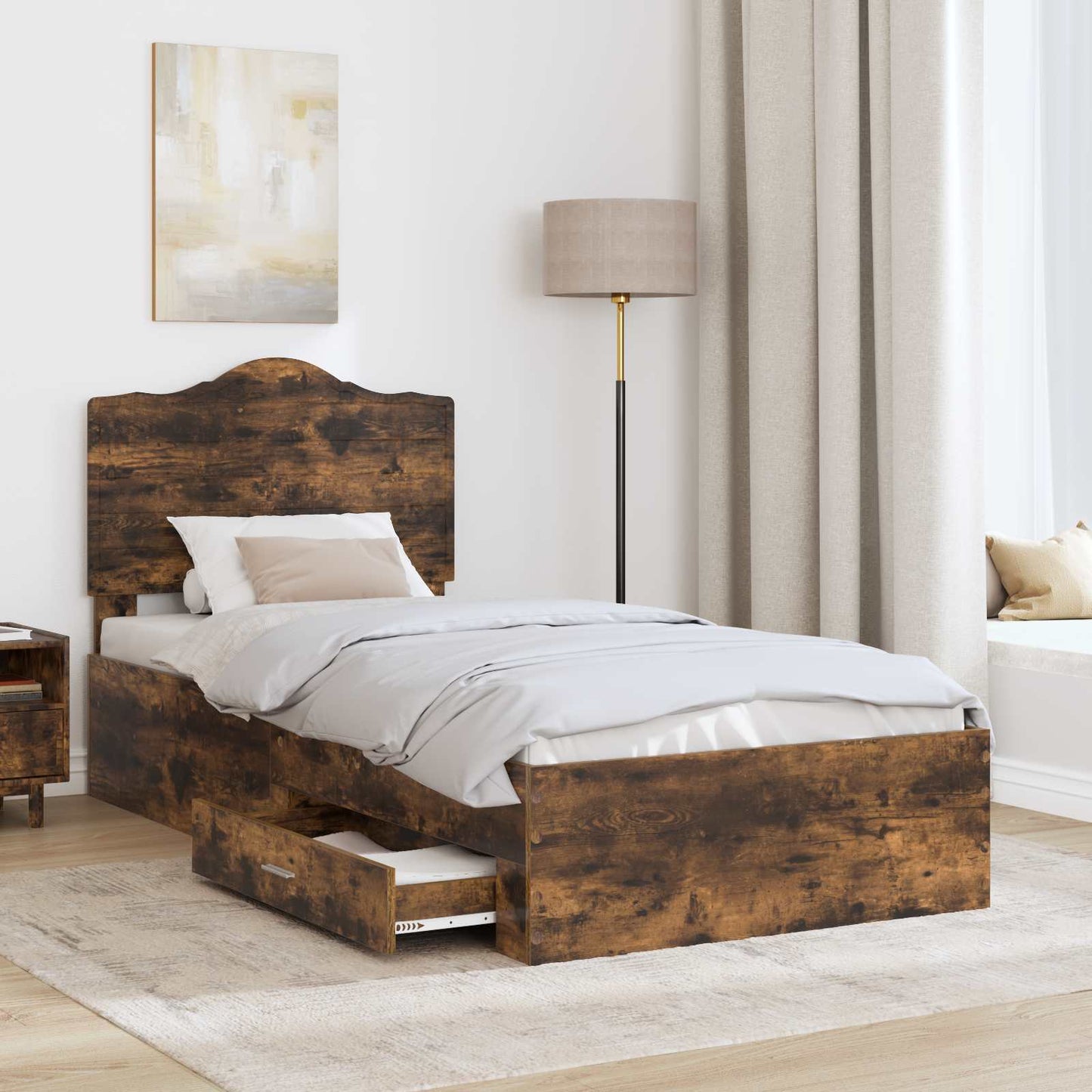 Bedframe met hoofdeinde Gerookt eiken 90 x 190 cm Bewerkt hout is nu te koop bij PeponiXL, paradijselijk wonen!