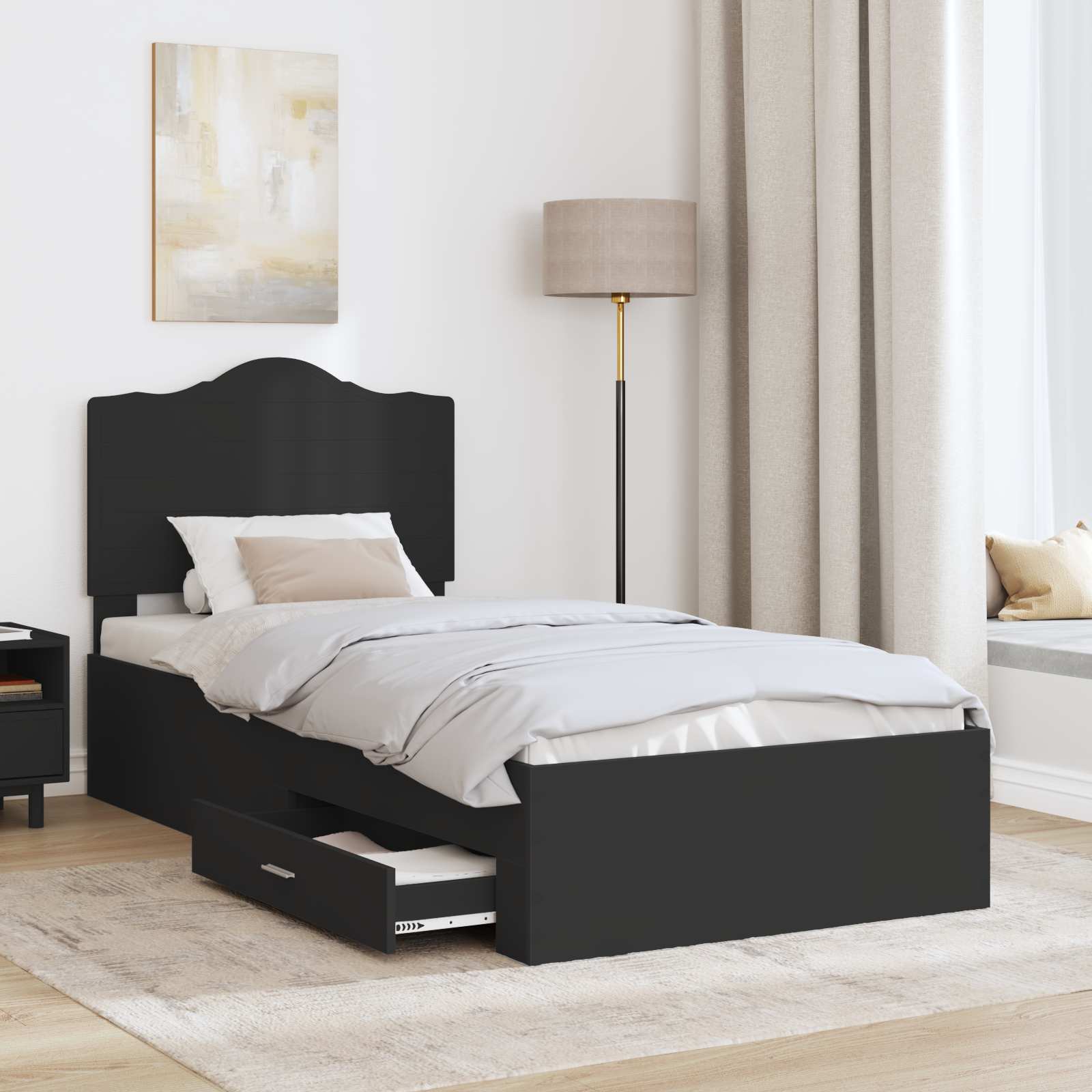 Bedframe met hoofdeinde met lade Zwart 70 x 190 cm Bewerkt hout is nu te koop bij PeponiXL, paradijselijk wonen!