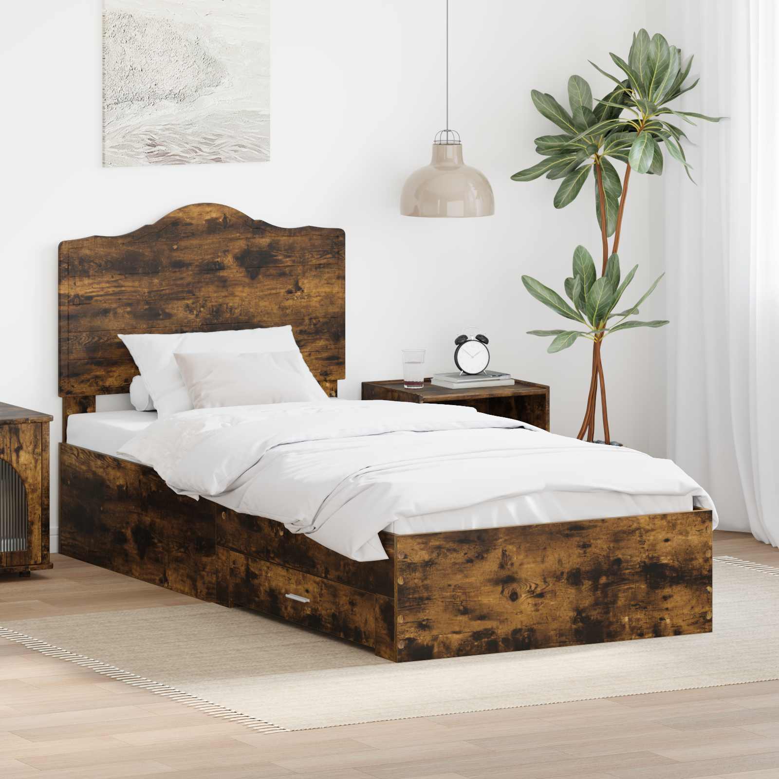 Bedframe met hoofdeinde Gerookt eiken 70 x 190 cm Bewerkt hout is nu te koop bij PeponiXL, paradijselijk wonen!