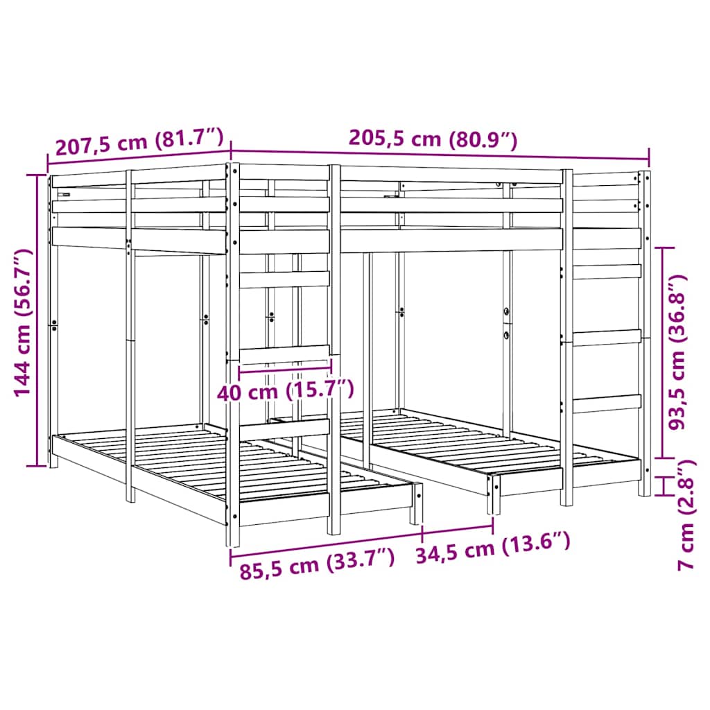 Drie-hoog Bunk Bed Frame Naturel 80 / 200 x 200 cm is nu te koop bij PeponiXL, paradijselijk wonen!
