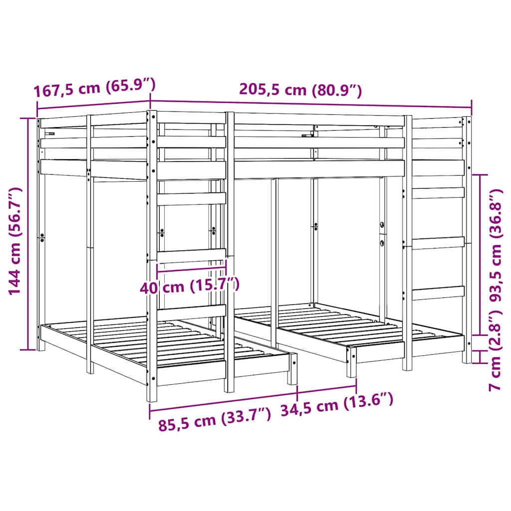 Drie-hoog Bunk Bed Frame Wasbruin 160 x 200 cm is nu te koop bij PeponiXL, paradijselijk wonen!