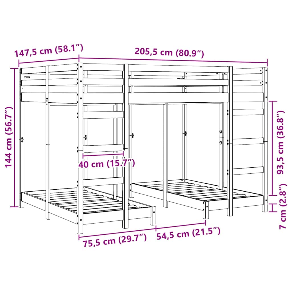 Drie-hoog Bunk Bed Frame Wit 140 x 200 cm Massief grenenhout is nu te koop bij PeponiXL, paradijselijk wonen!