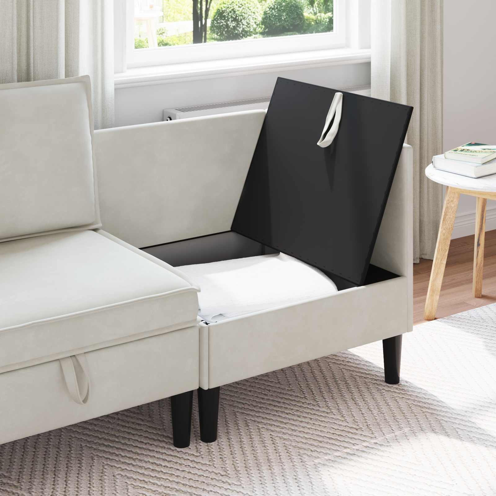 Bank met opslag Crèmekleurig Fluweel is nu te koop bij PeponiXL, paradijselijk wonen!