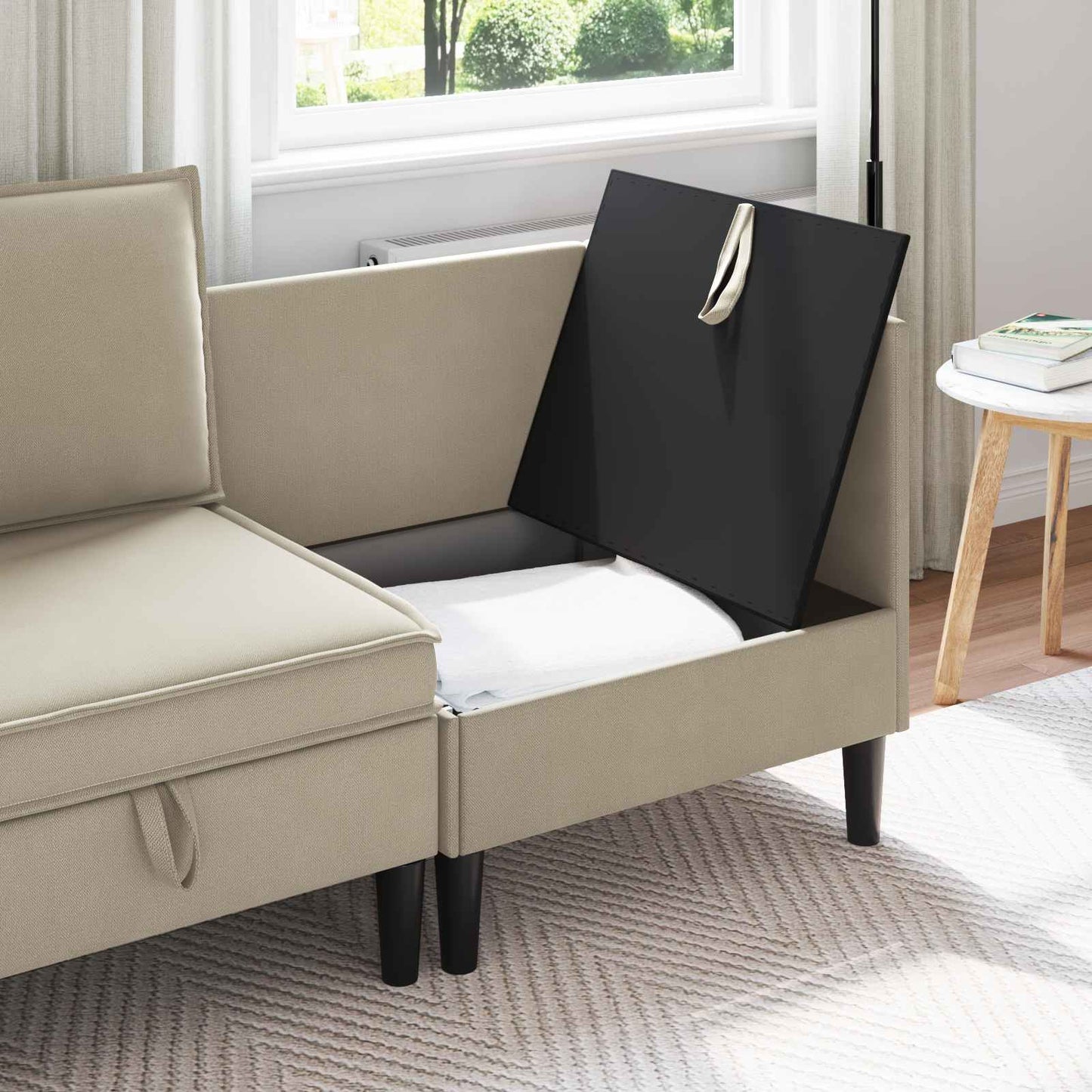 Hoeksofa met Opbergruimte Zand Fluweel is nu te koop bij PeponiXL, paradijselijk wonen!