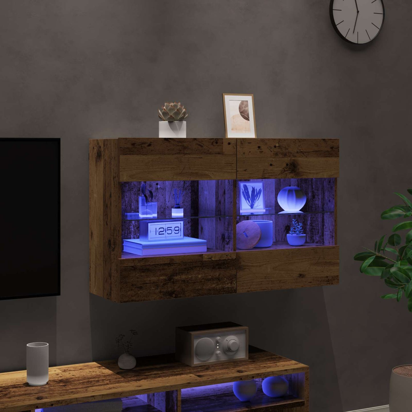 TV-wandkast met LED Oud Hout 98,5 x 30 x 60,5 cm Bewerkt hout is nu te koop bij PeponiXL, paradijselijk wonen!