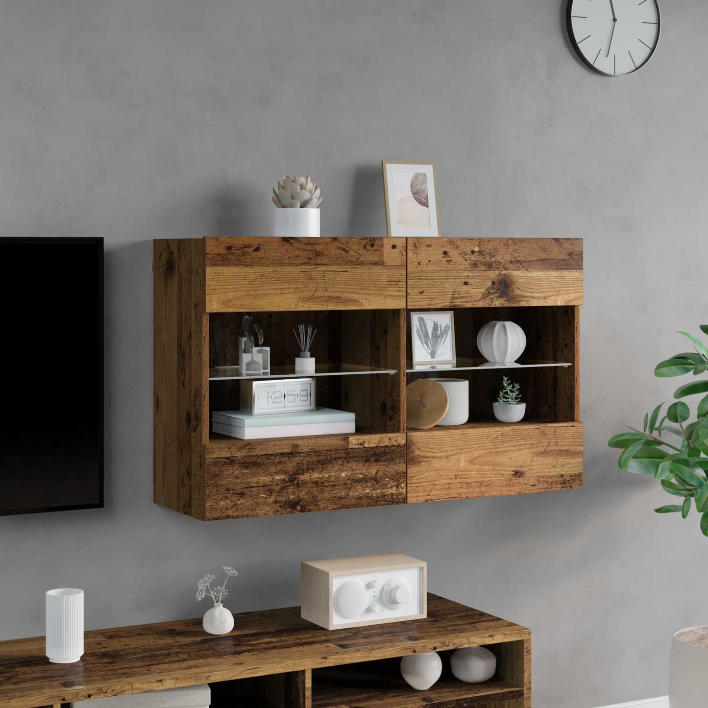 TV-wandkast met LED Oud Hout 98,5 x 30 x 60,5 cm Bewerkt hout is nu te koop bij PeponiXL, paradijselijk wonen!