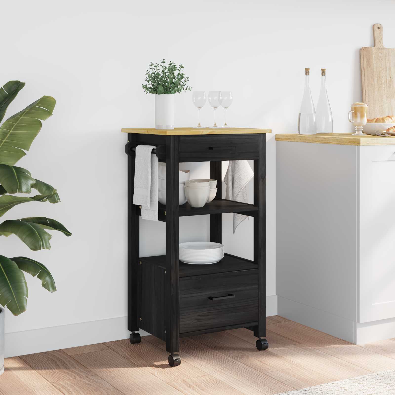 Keuken Trolley Zwart 88,5 x 40 x 48 cm Massief Vurenhout is nu te koop bij PeponiXL, paradijselijk wonen!