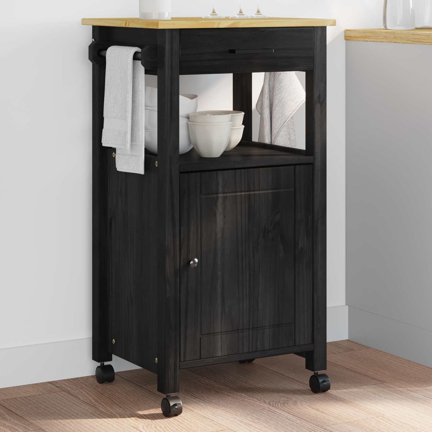 Keuken Trolley Zwart 88,5 x 40 x 48 cm Massief Vurenhout is nu te koop bij PeponiXL, paradijselijk wonen!