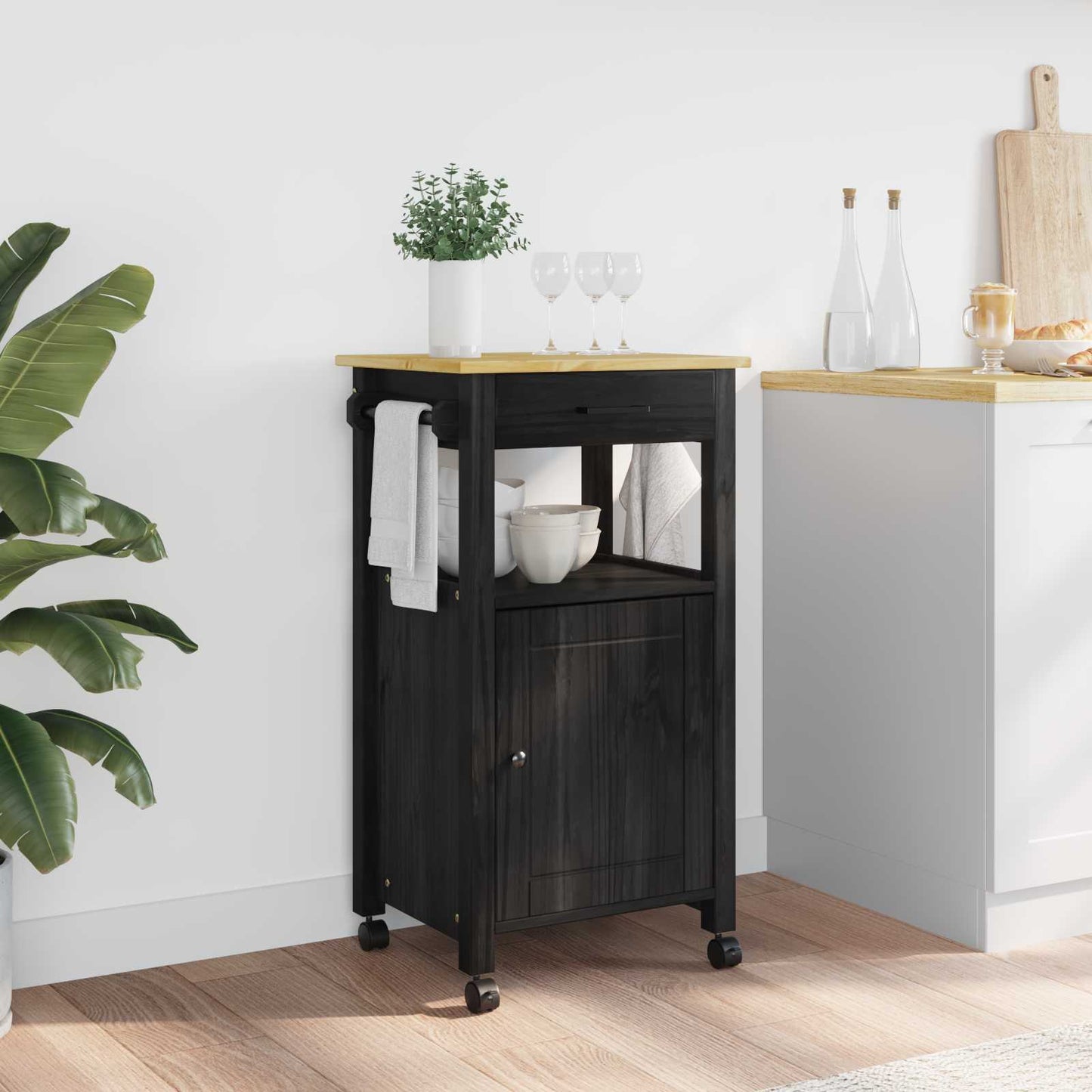 Keuken Trolley Zwart 88,5 x 40 x 48 cm Massief Vurenhout is nu te koop bij PeponiXL, paradijselijk wonen!