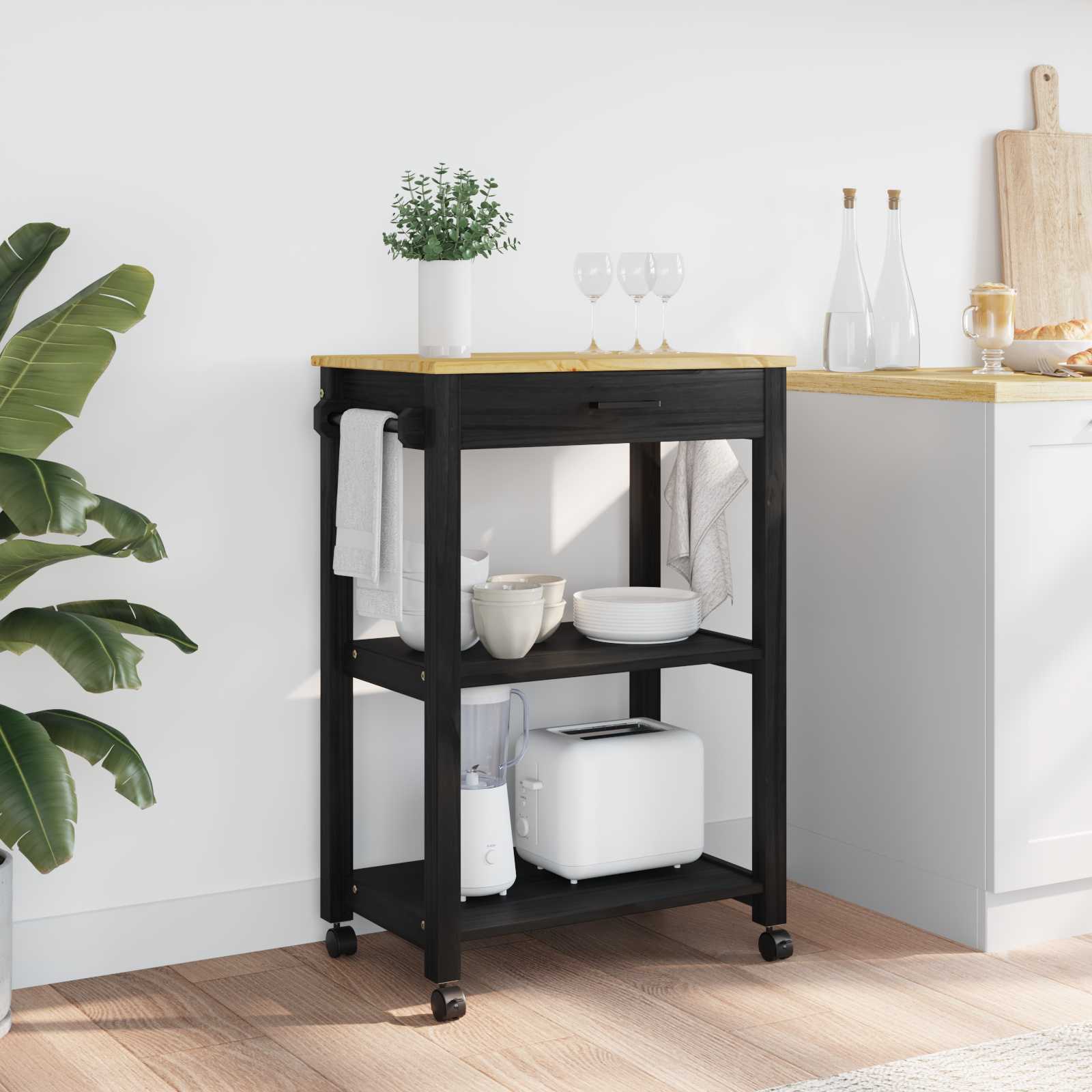 Keuken Trolley Zwart 88,5 x 40 x 60 cm Massief Vurenhout is nu te koop bij PeponiXL, paradijselijk wonen!